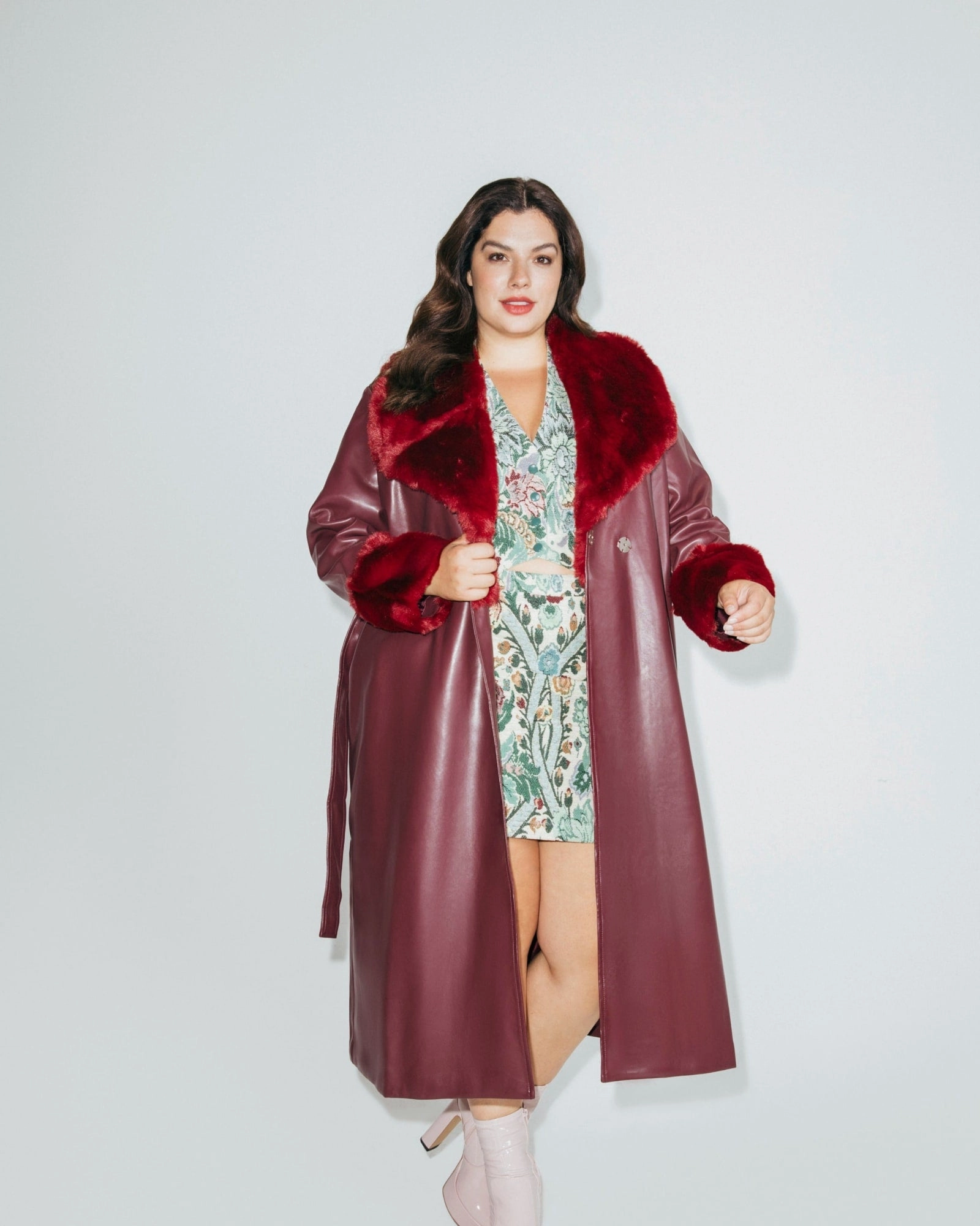 Flexible Layering Water shield Faux Fur Collar & Leather Wrap Coat | Burgundy