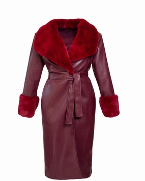 Faux Fur Collar & Leather Wrap Coat | Burgundy TearResistant Ripstop Nylon