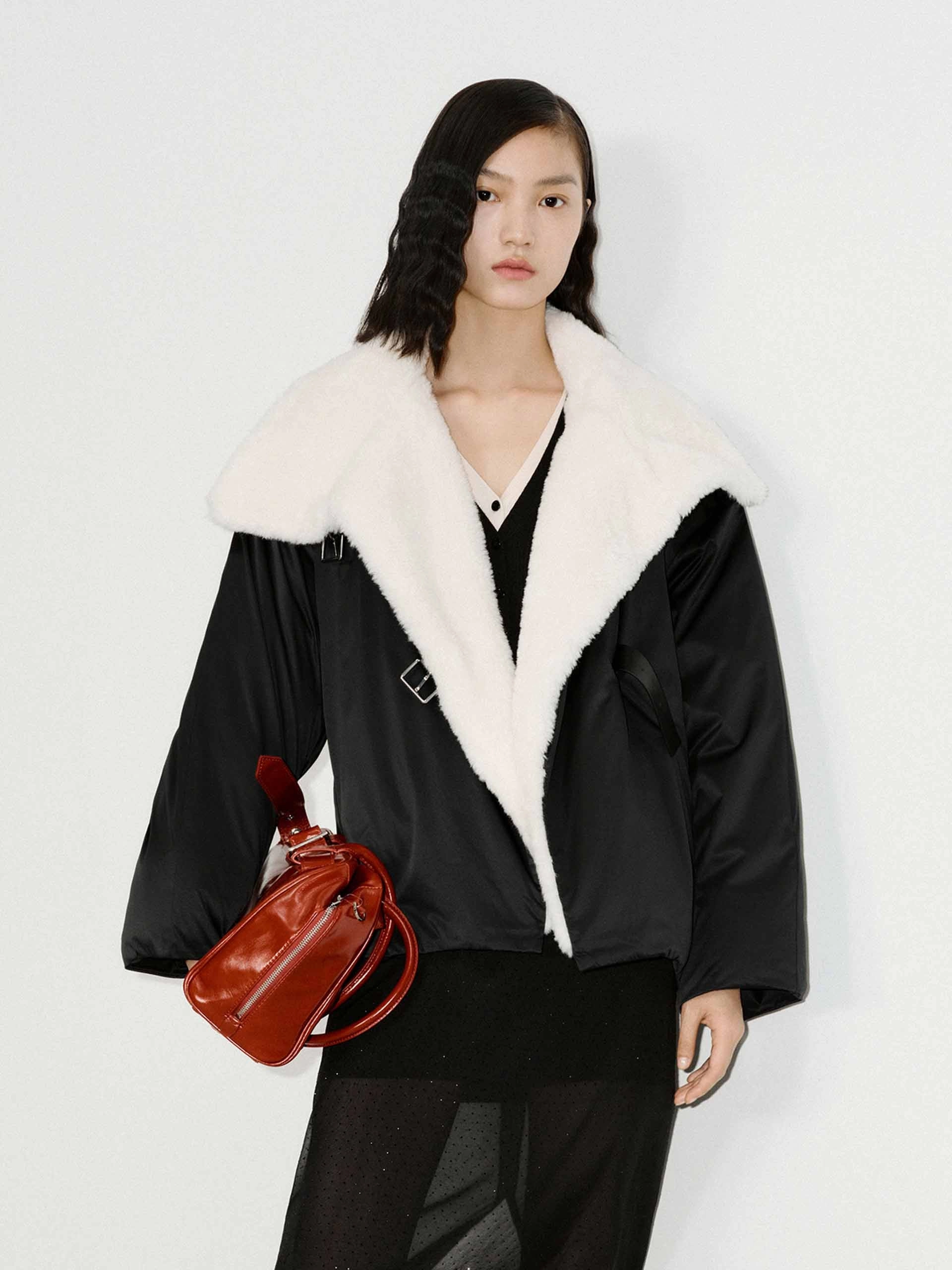 Shearling Detail Quilted Jacket Microfiber Shell