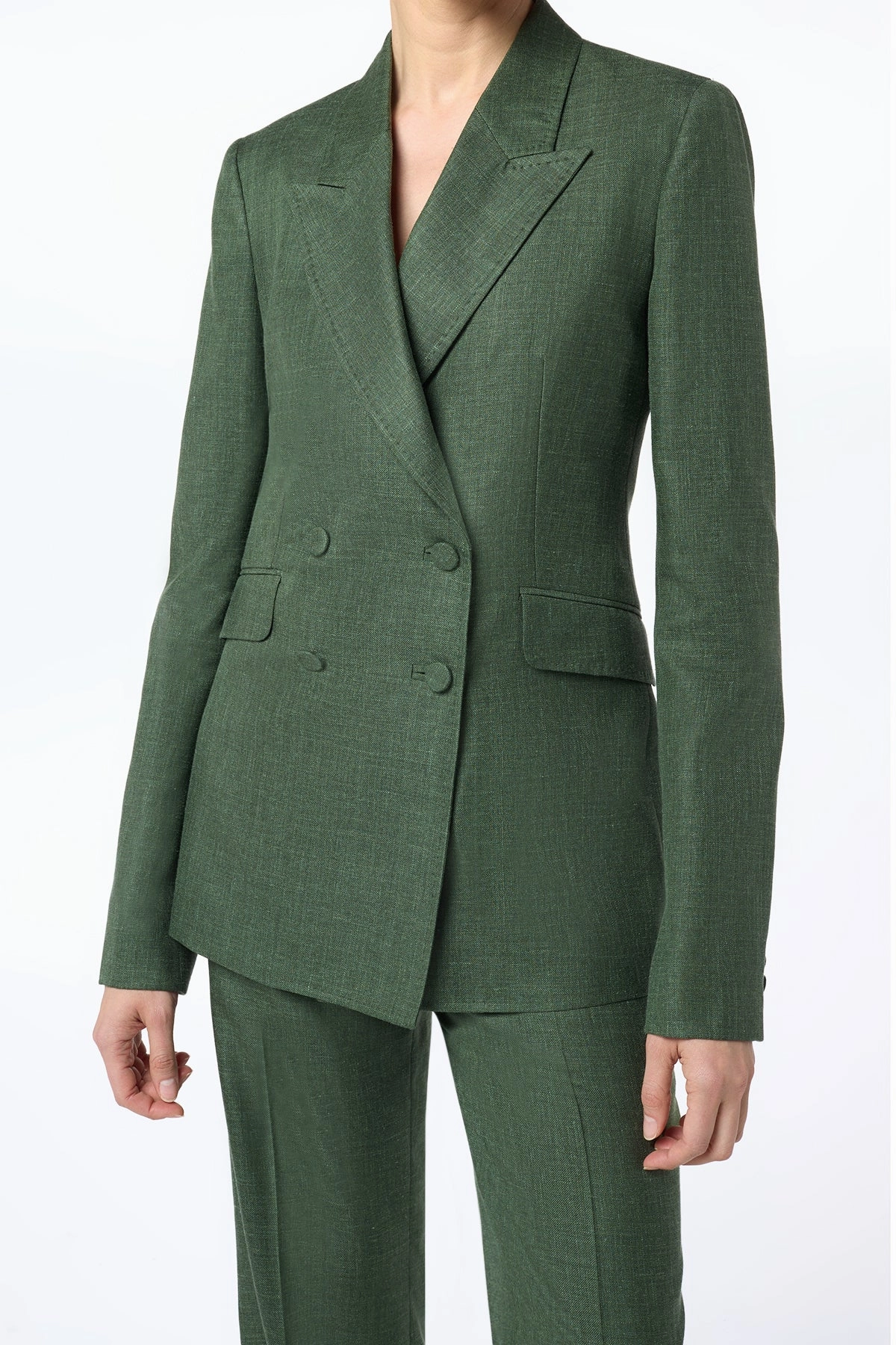 Flawless Tailoring Layered Fit Angela Blazer in Olive Virgin Wool Silk with Linen