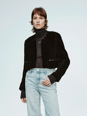 Sequins Finish Cropped Coat 3-In-1 Set