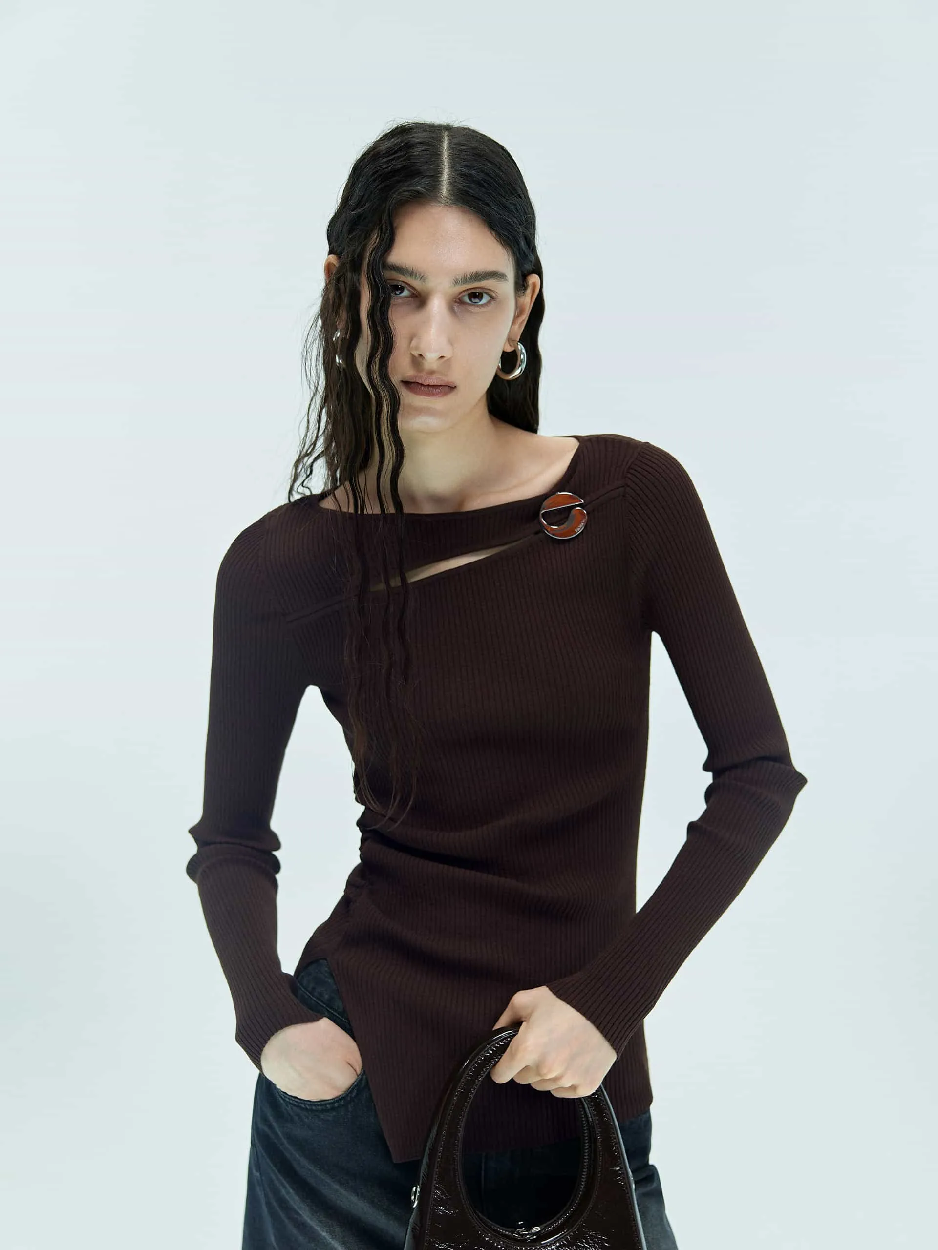 Cutout Ribbed Knit Sweater Colorfast Dye Method Stretchable Design