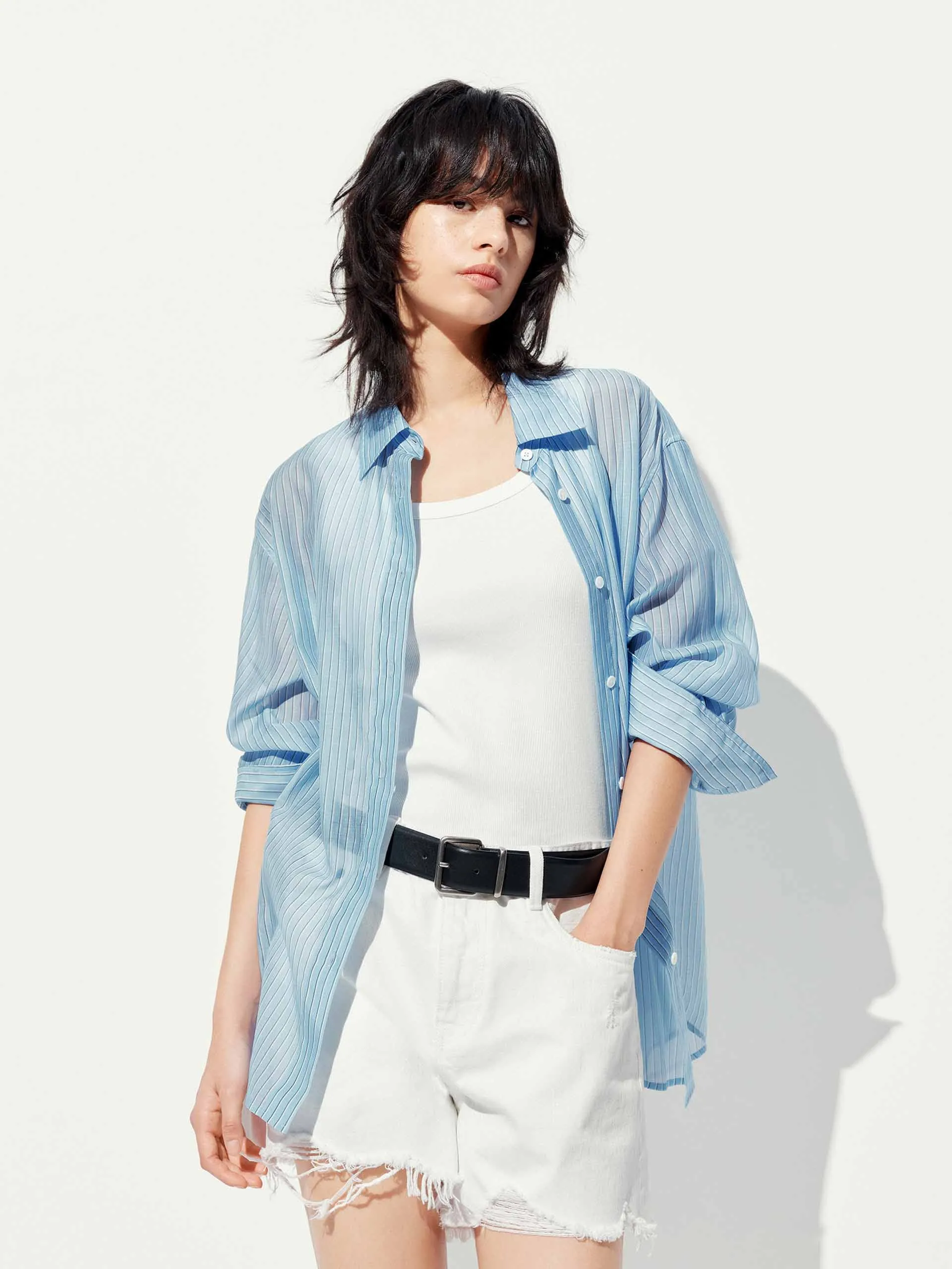 Professional Look Contrast Stitch Silk Blend Sheer Shirt