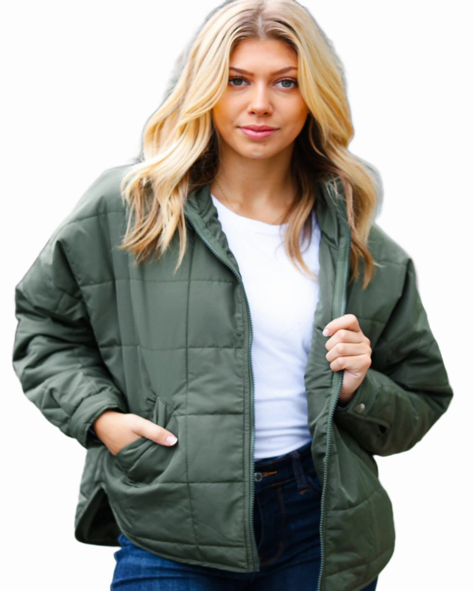 Secure Non Restrictive Fit Eyes On You Olive Quilted Puffer Jacket | Olive