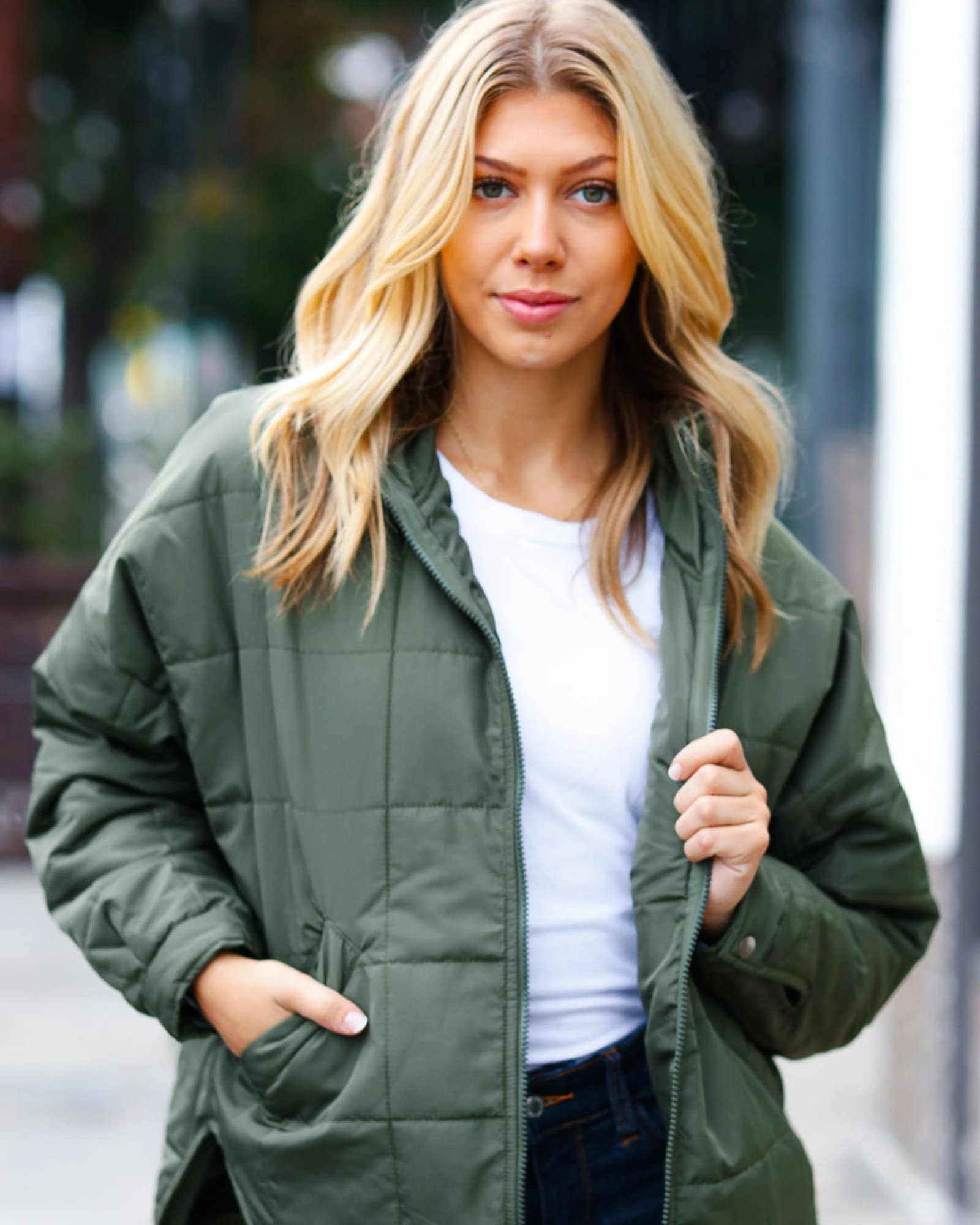 Double layer fabric Eyes On You Olive Quilted Puffer Jacket | Olive