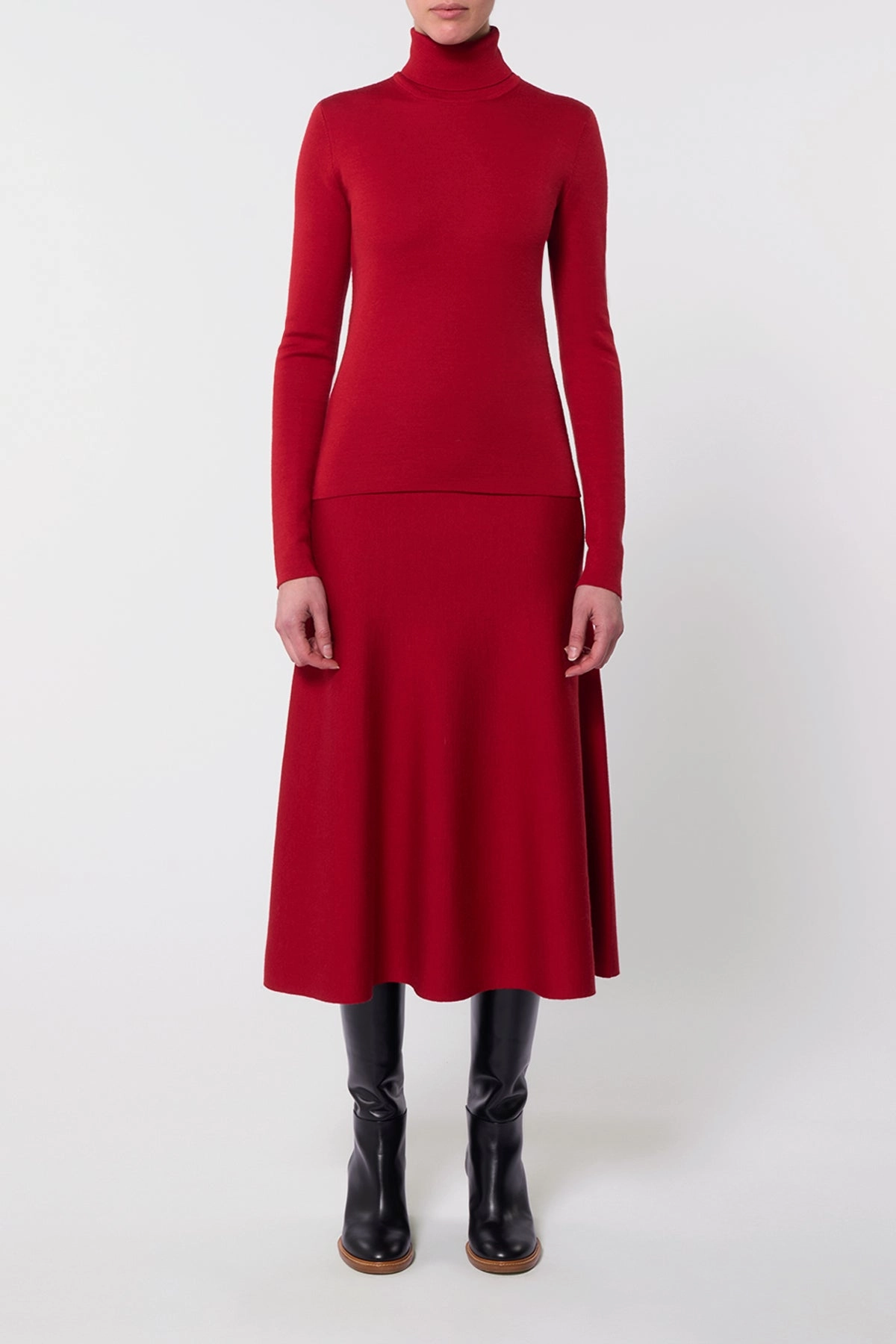 Chill Vibe Innovative Fabric Freddie Knit Midi Skirt in Scarlet Red Merino Wool Cashmere
