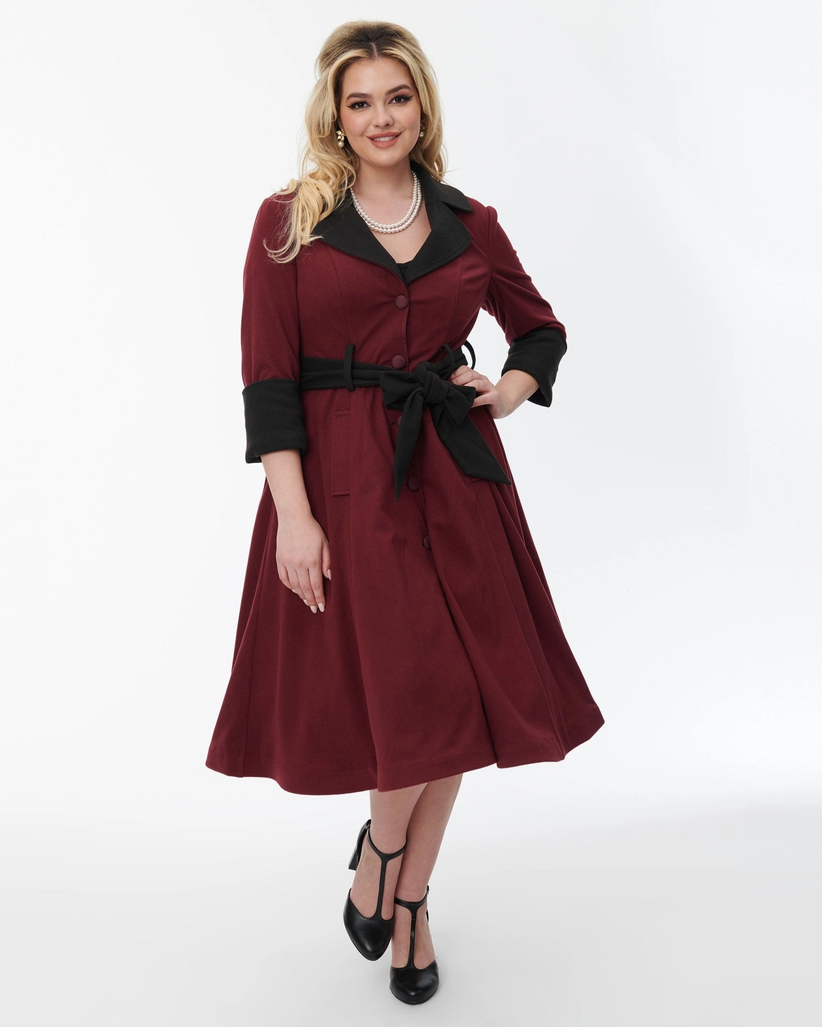 Unique Vintage Burgundy & Black Swing Coat | Burgundy & Black Designer