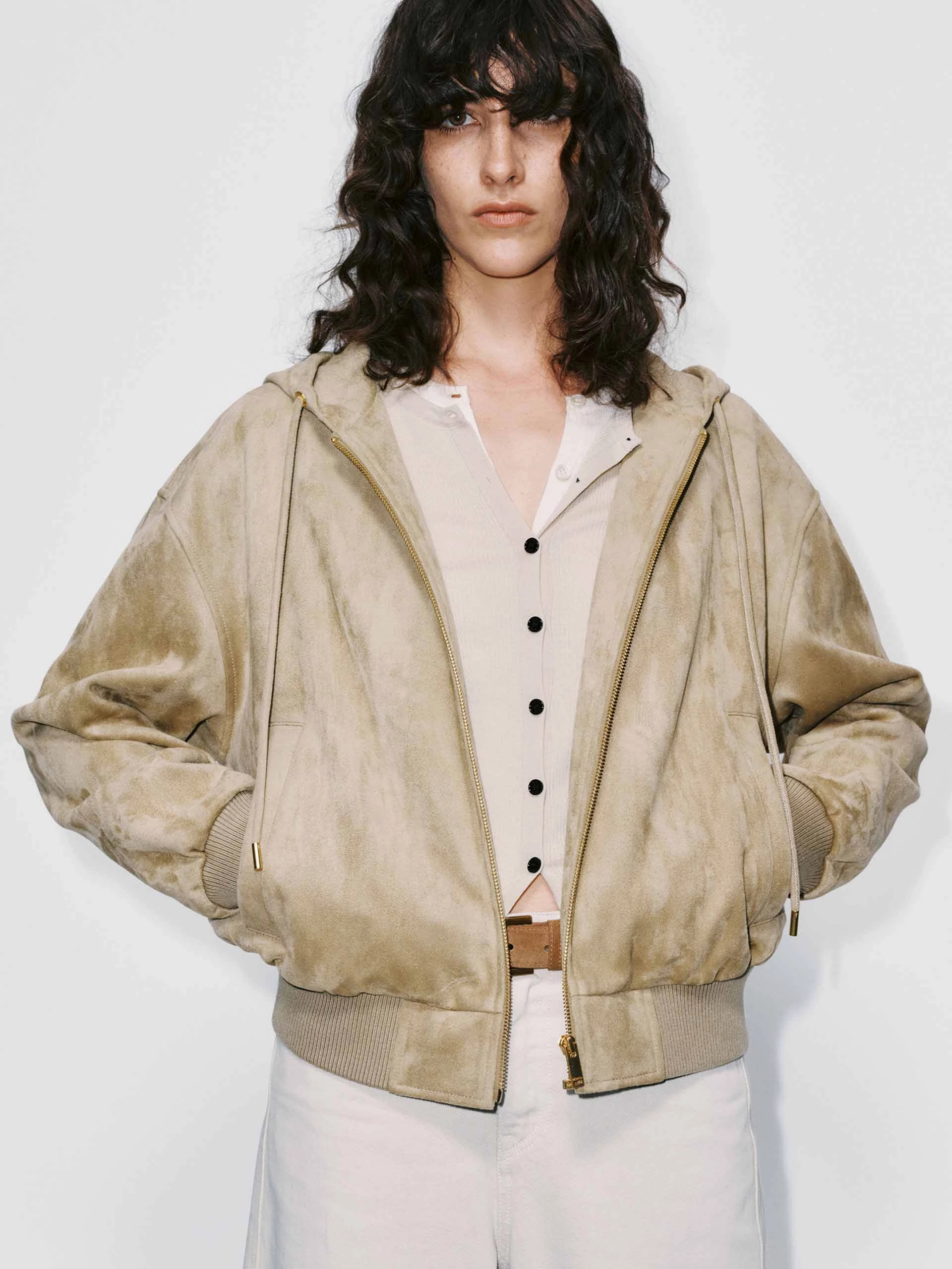 Heat Guard Light Reflective Logos Faux Suede Hooded Coat