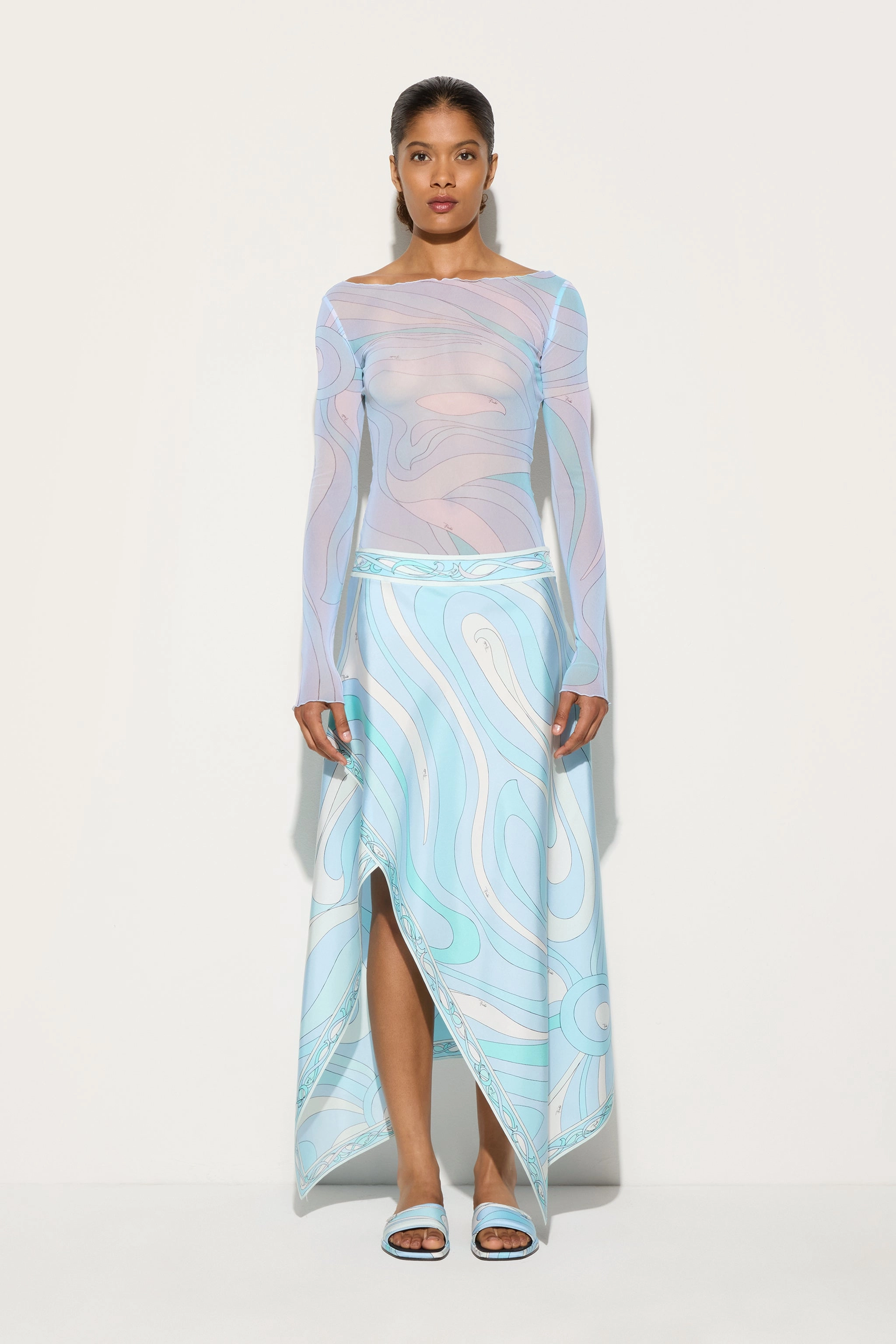 Flat Lay Collar Back Slit Marmo Print Asymmetrical Skirt