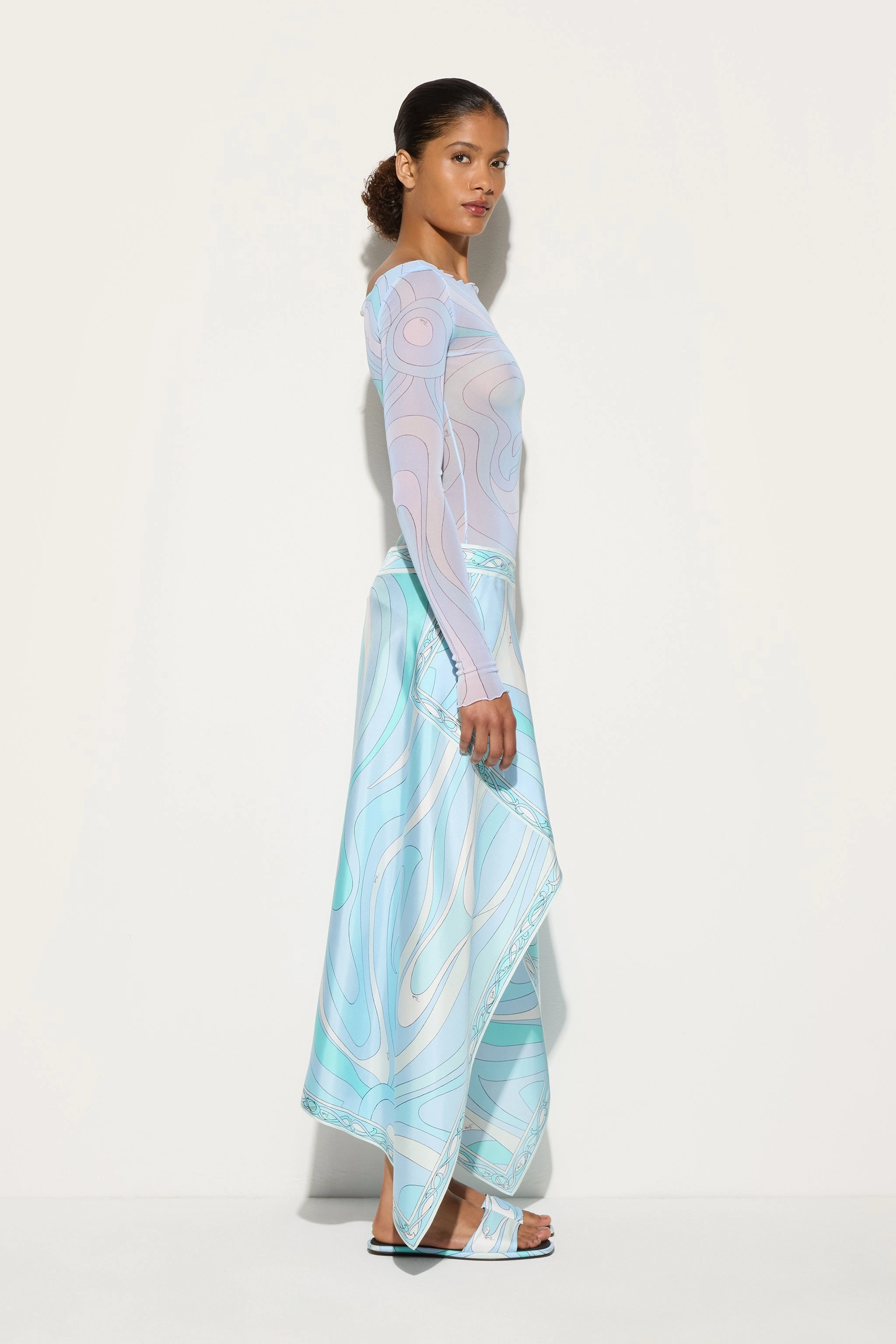 Elasticized Hem Marmo Print Asymmetrical Skirt