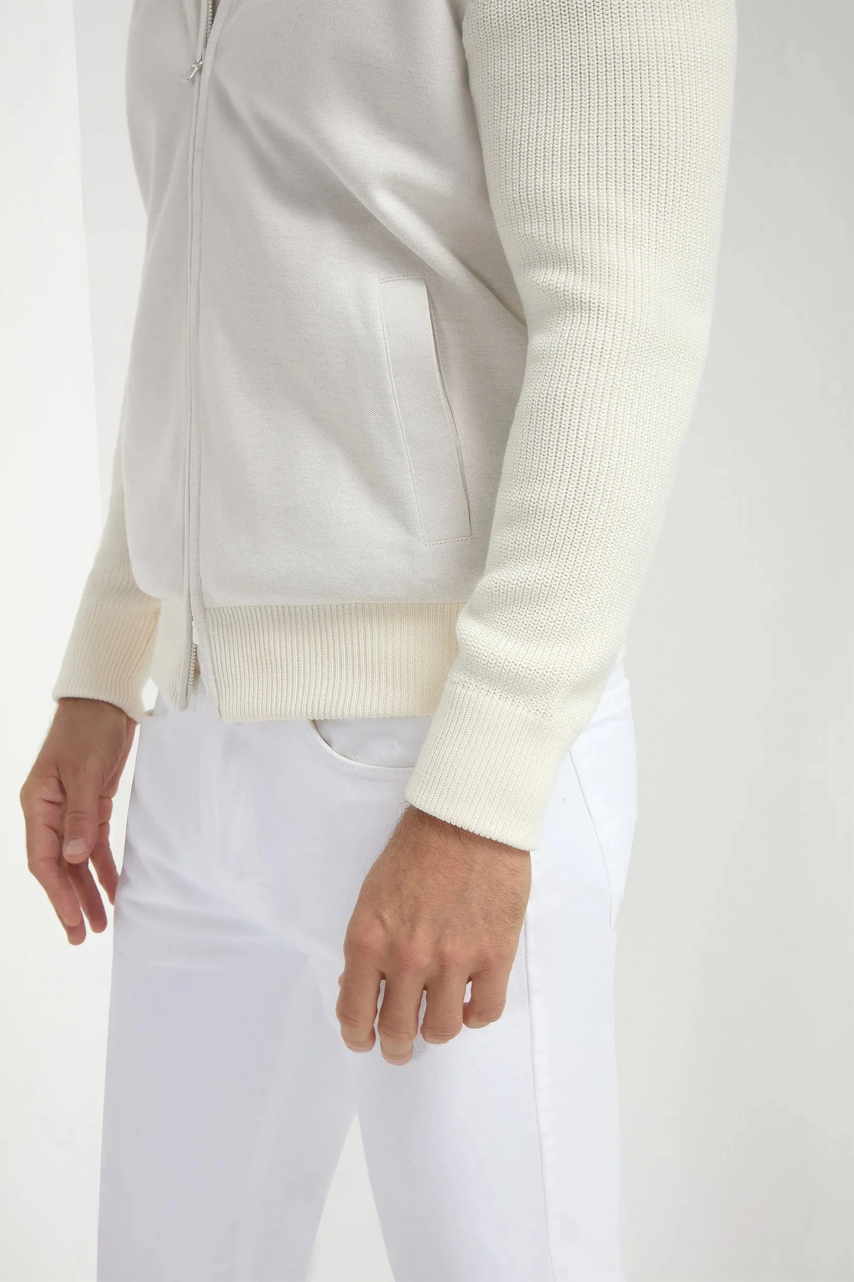 ShrinkResistantFabric Off-white ribbed bomber with hoodie - Made in Italy