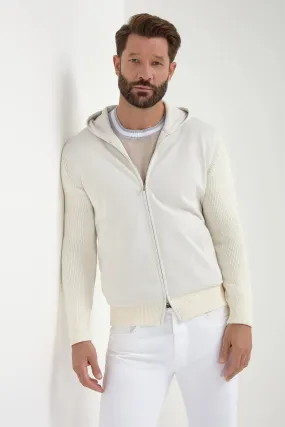 Casual Chill Look Non Chafing Neckline Off-white ribbed bomber with hoodie - Made in Italy