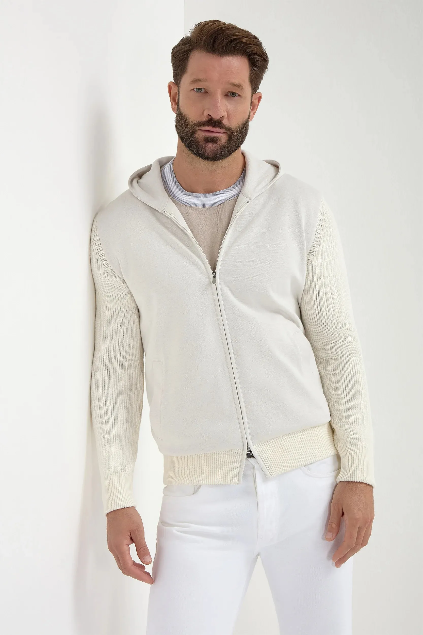 Casual Chill Look Non Chafing Neckline Off-white ribbed bomber with hoodie - Made in Italy