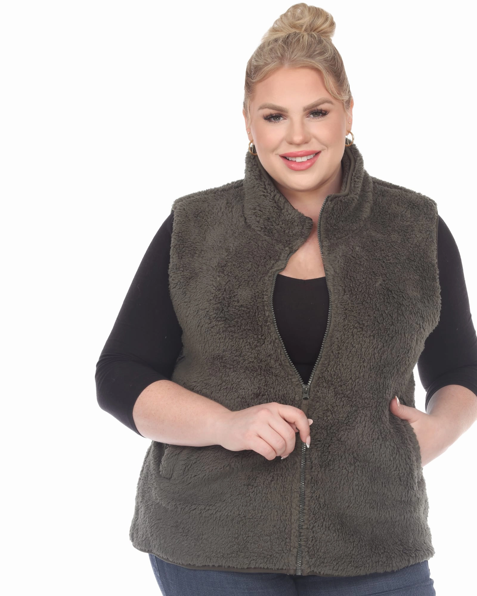 suitable for award ceremonies Moisture wicking Zip up sherpa vest | Army Green