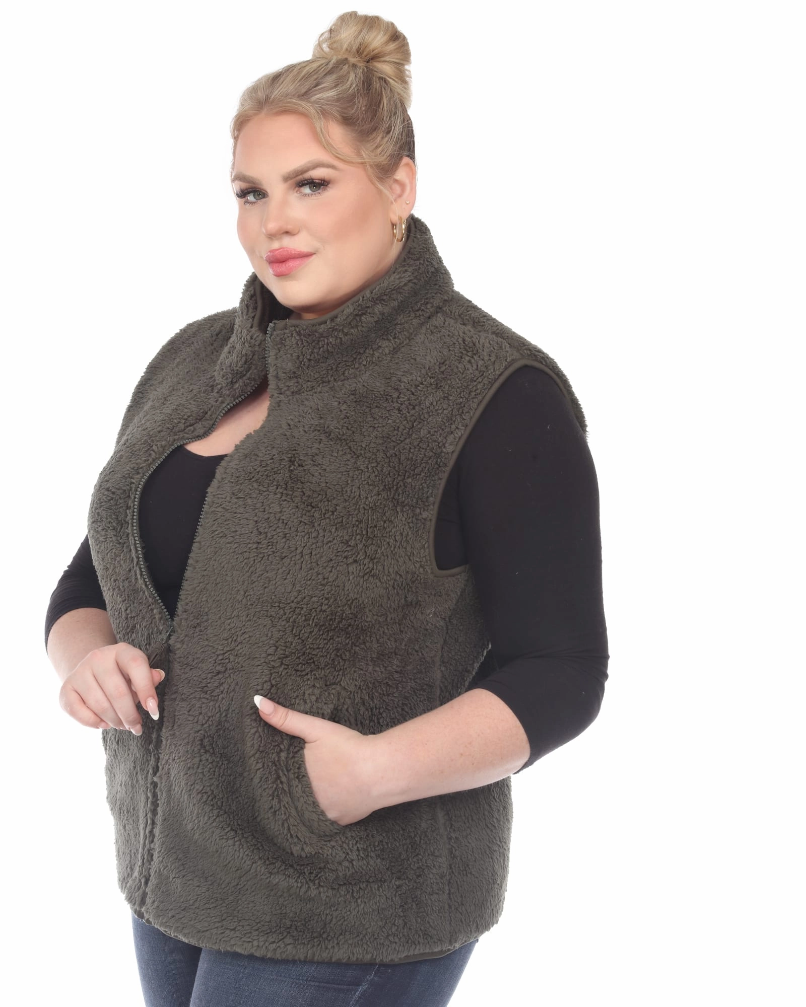 Base-layer cloudy Zip up sherpa vest | Army Green