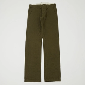 Trendy Layering Fashionable Look ONI Denim 727DK 12oz Dark Olive Sulfur Slim Straight Chino - Rinsed