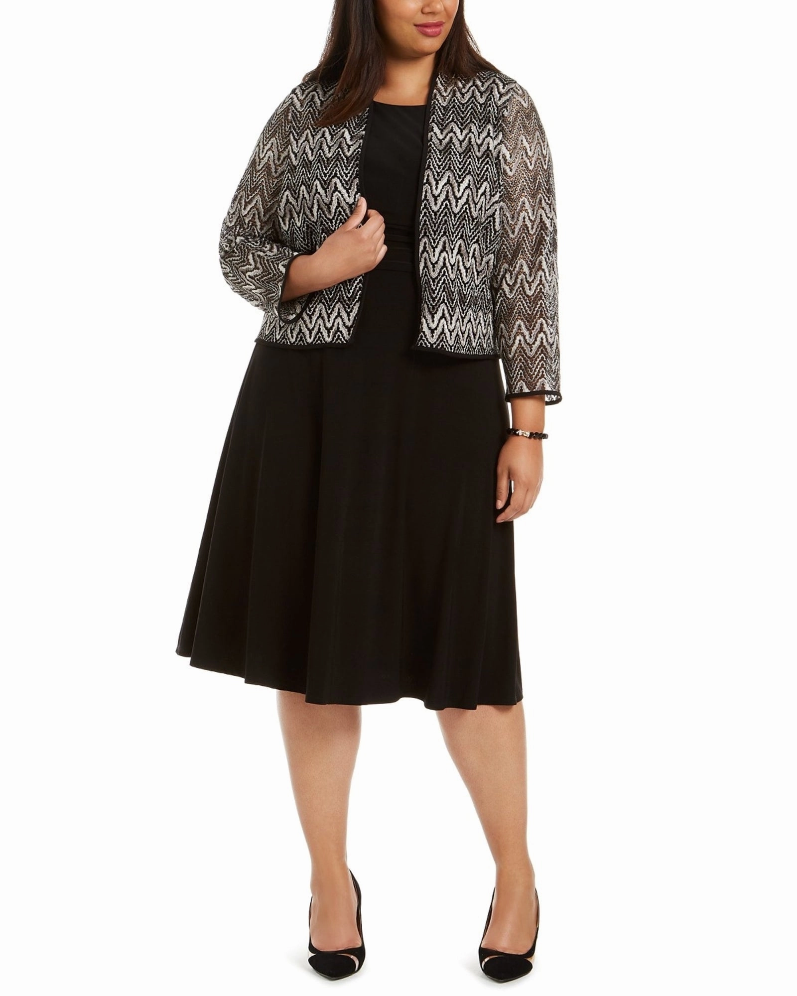 Jessica Howard Women's Plus Size Midi Dress & Chevron Lace Jacket Gray Size 16W | Gray Comfort Shield