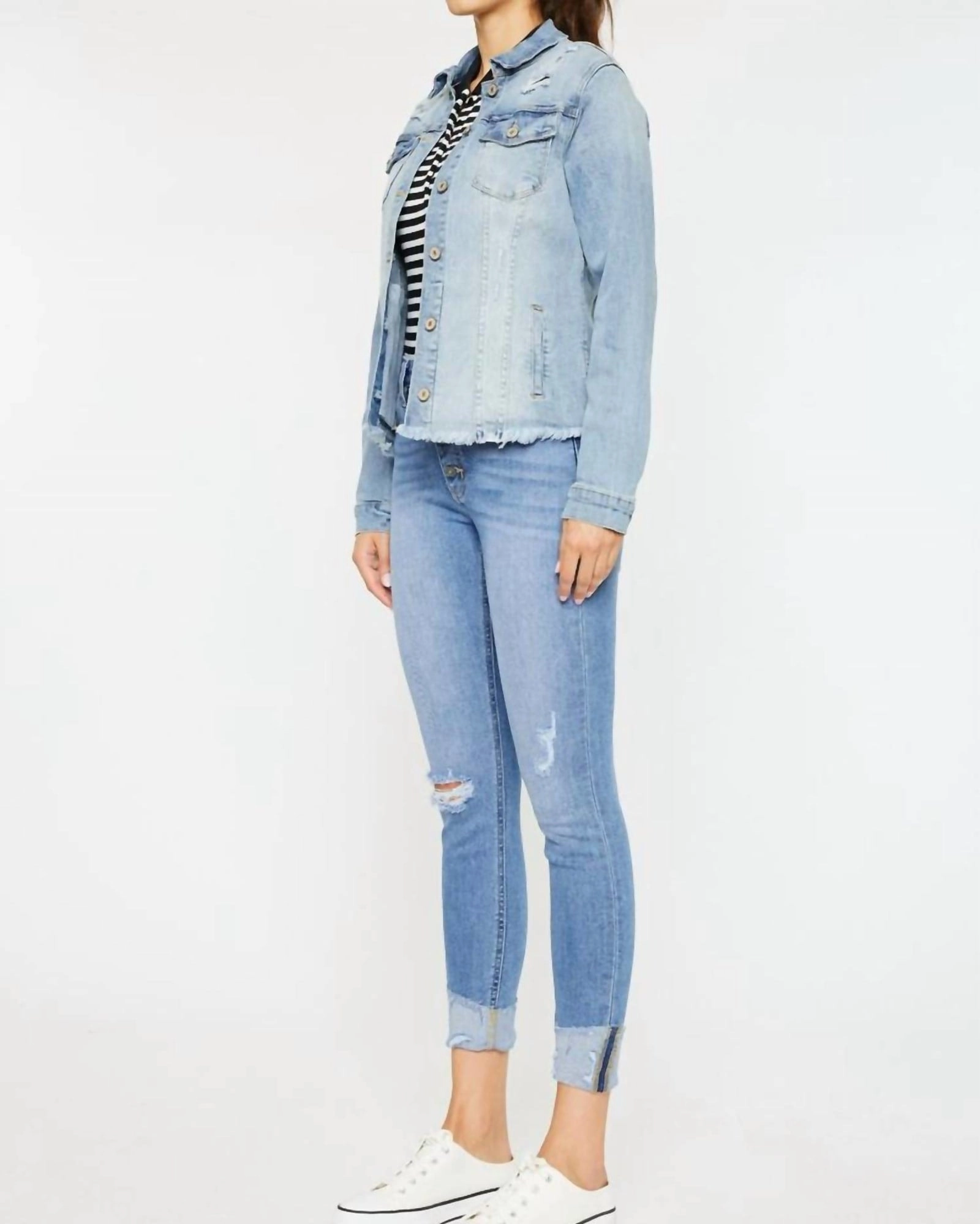 Frayed Hem Trucker Jacket in Medium Stone Wash | Medium Stone Wash Cold Weather Fashion