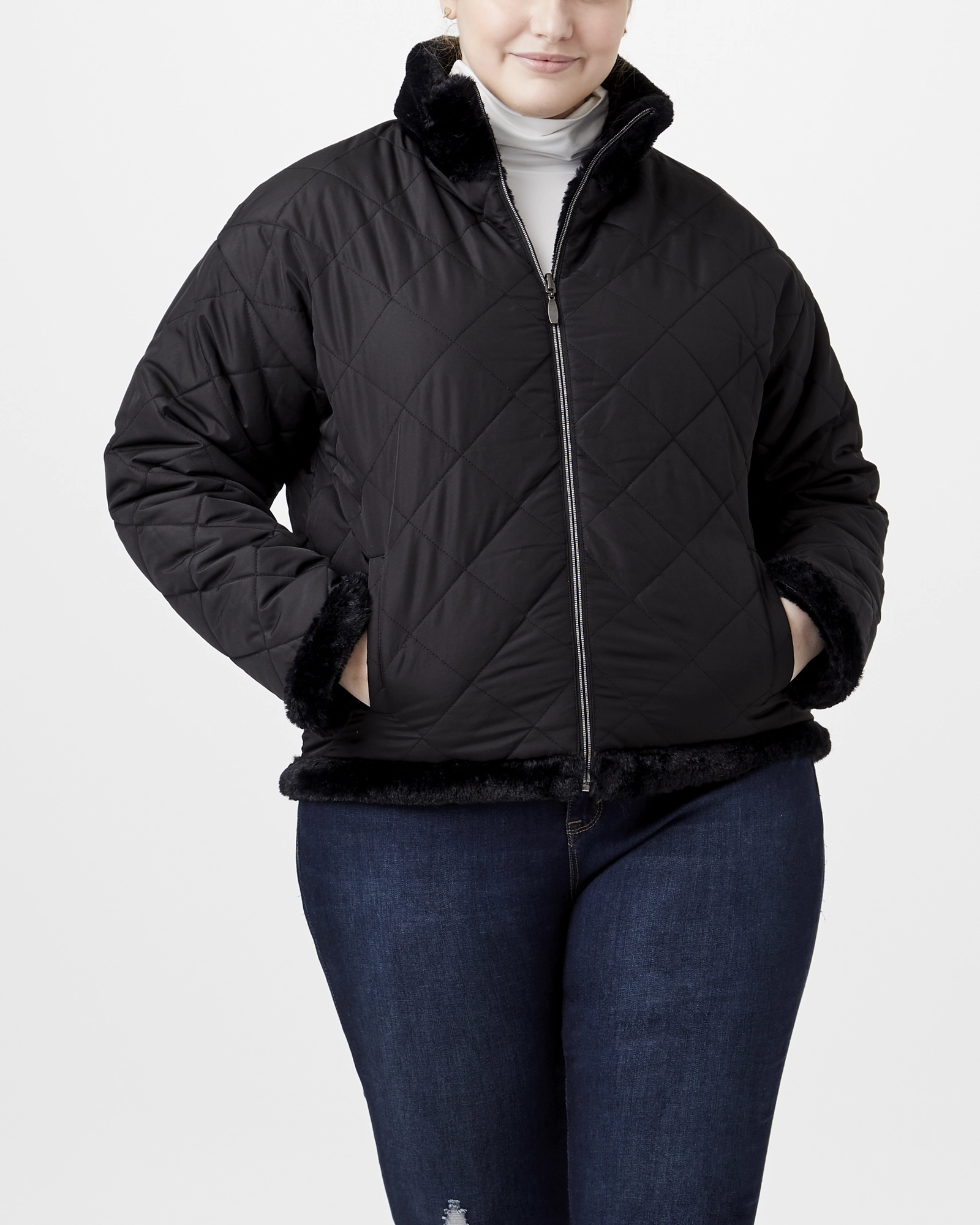 Claudia Reversible Faux-Fur Zip-Up Jacket | Black theater performance