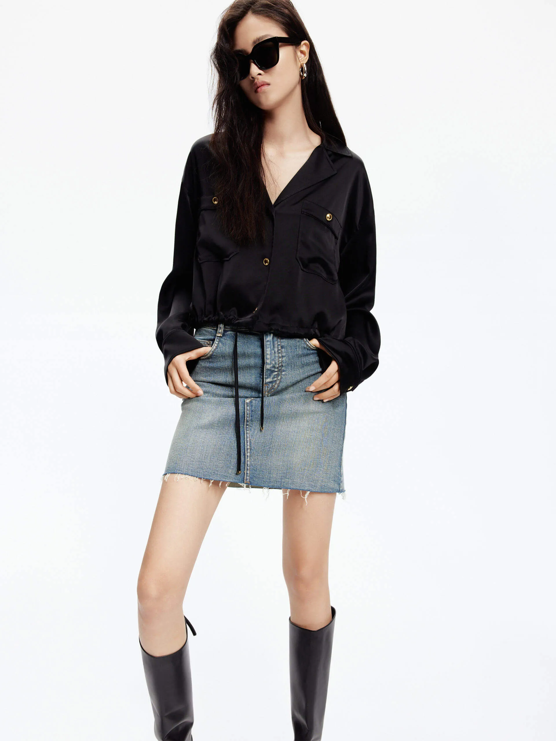 Unstructured Shoulder All Day Comfort Tech Front Pocket Satin Shirt