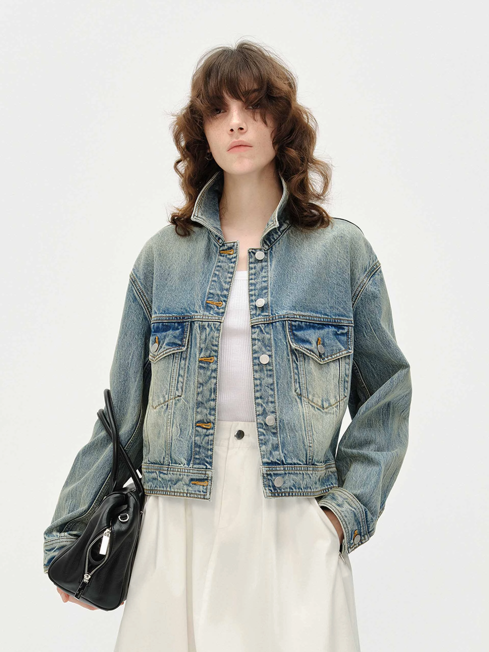 Taped Seam Construction AdjustableDrawstring Front Pocket Denim Jacket