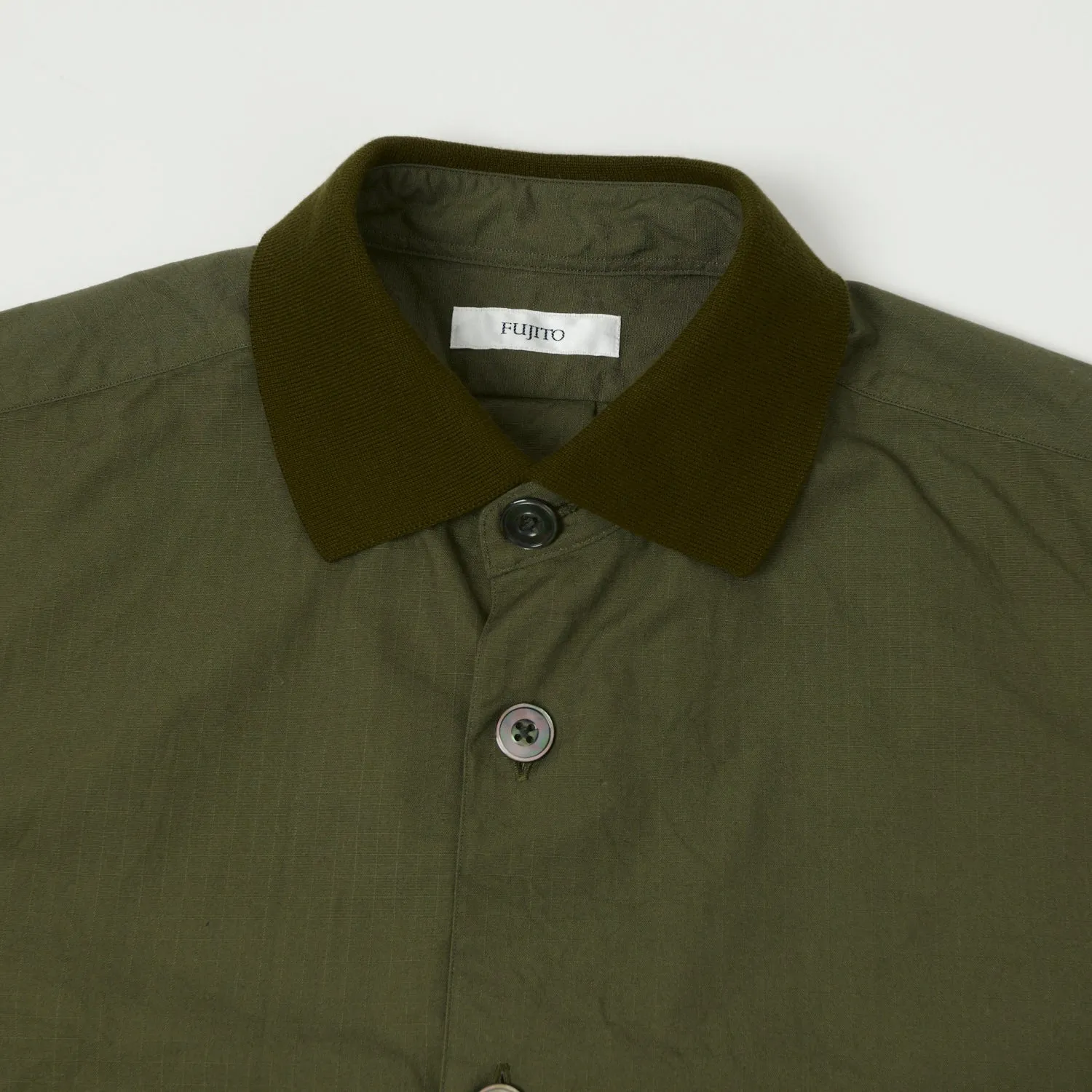 Fujito Rib Collar Short Sleeve Shirt - Olive Workwear Casual Versatile Design
