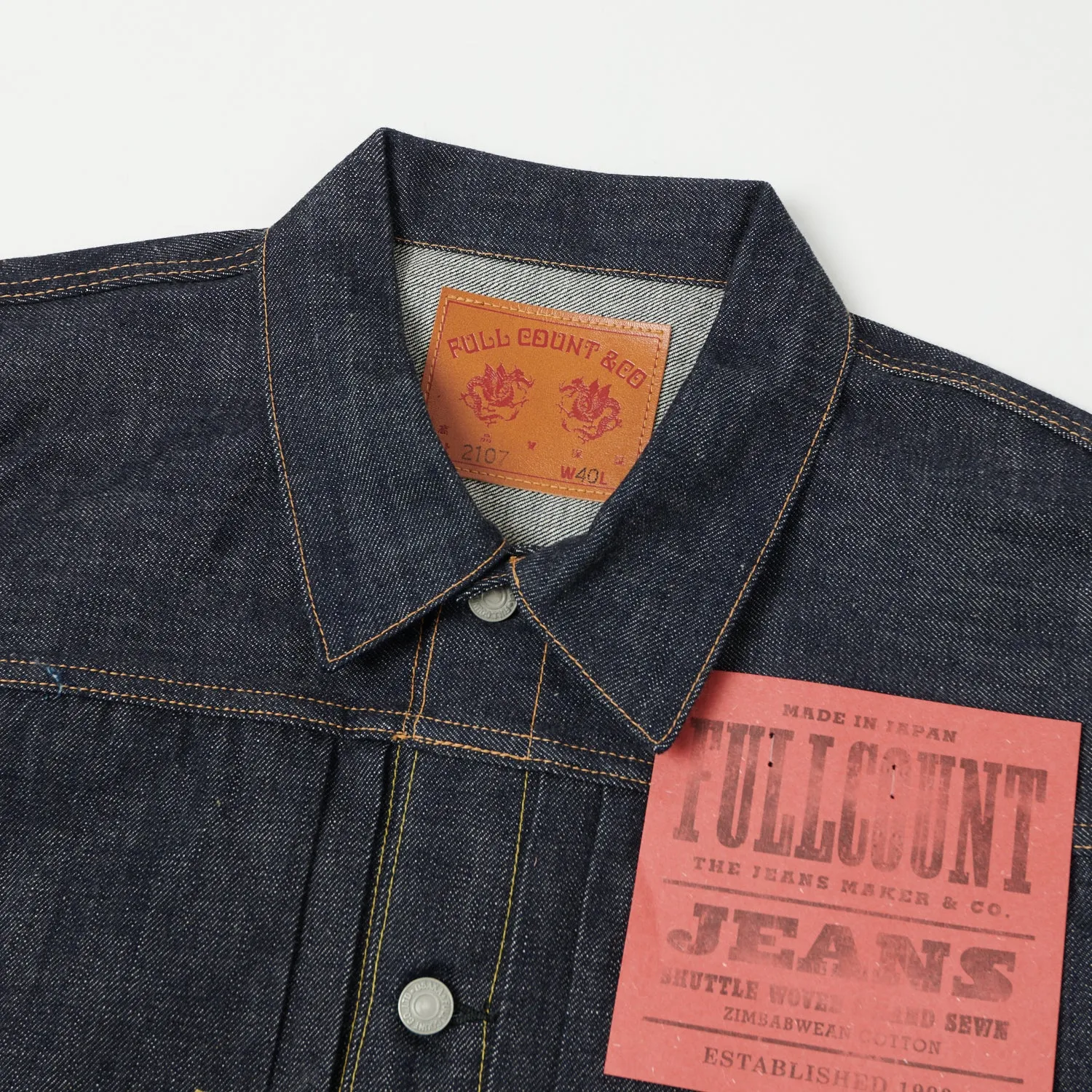 Full Count 2107 13.75oz Type I Denim Jacket - Raw Pocket Details Adjustable Fit Design