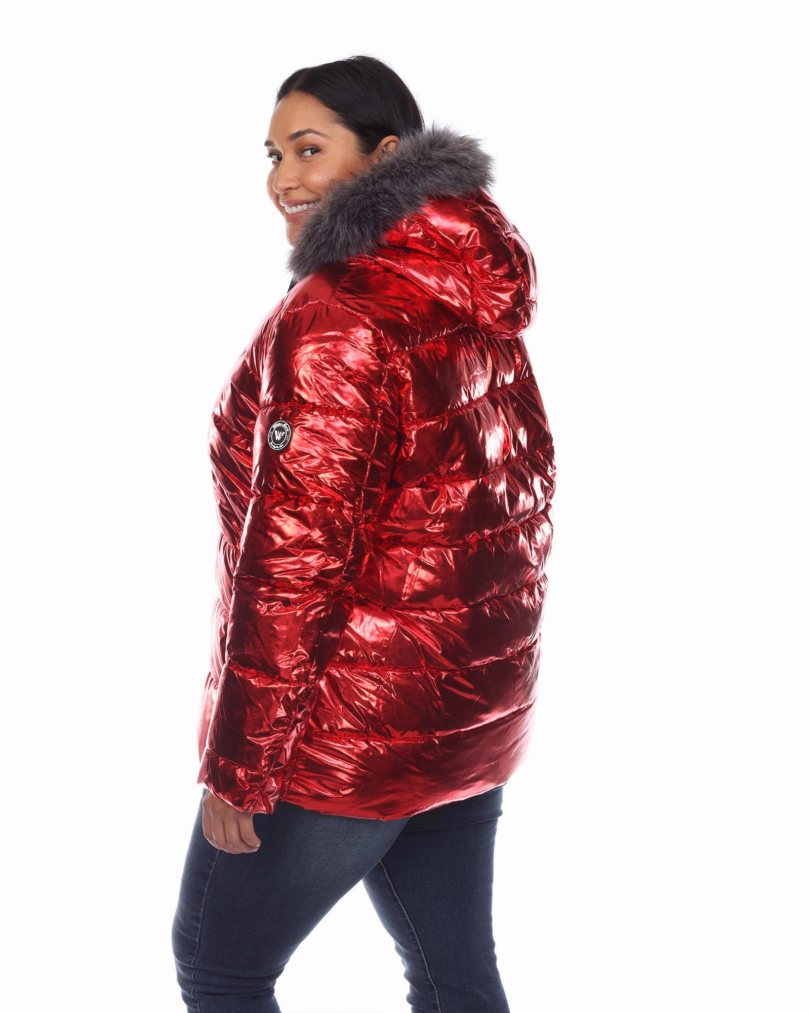 HighNeck Easy Fit Metallic Puffer Coat with Hoodie | Red