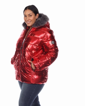 Fall Commute Metallic Puffer Coat with Hoodie | Red