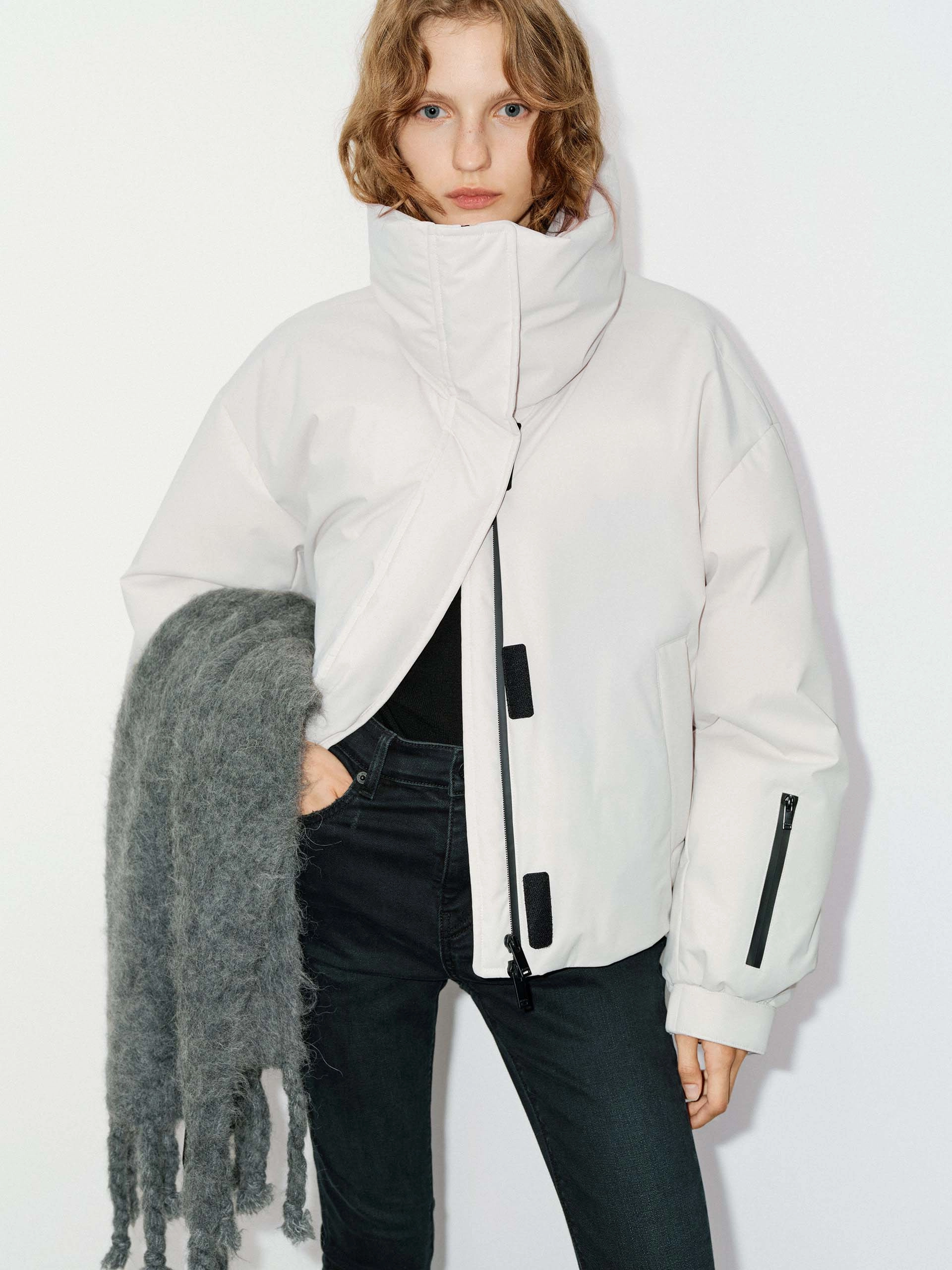 Full Length Zipper Funnel Neck Cropped Jacket