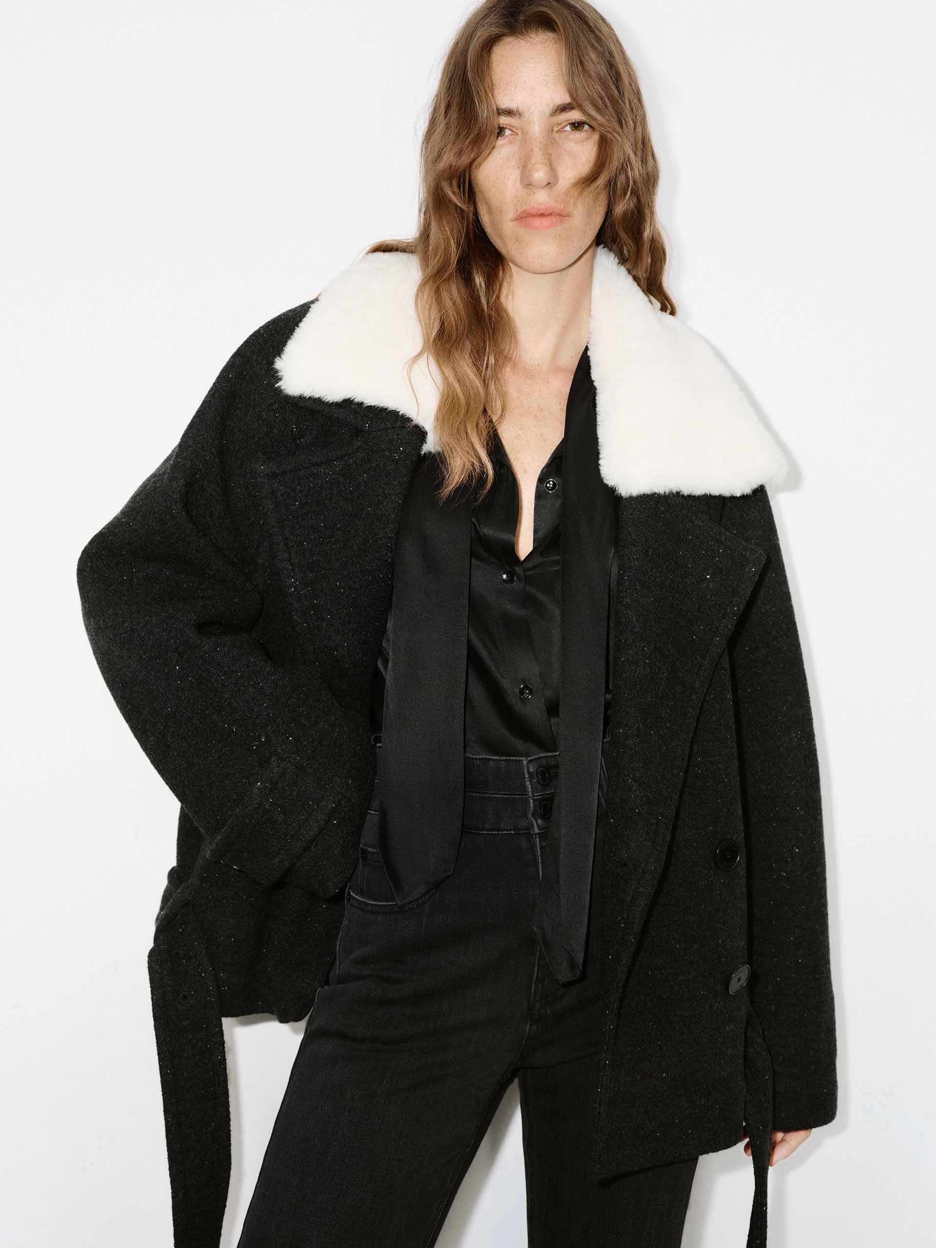 Fur Collar Quilted Coat with Belt DoubleLayered Collar