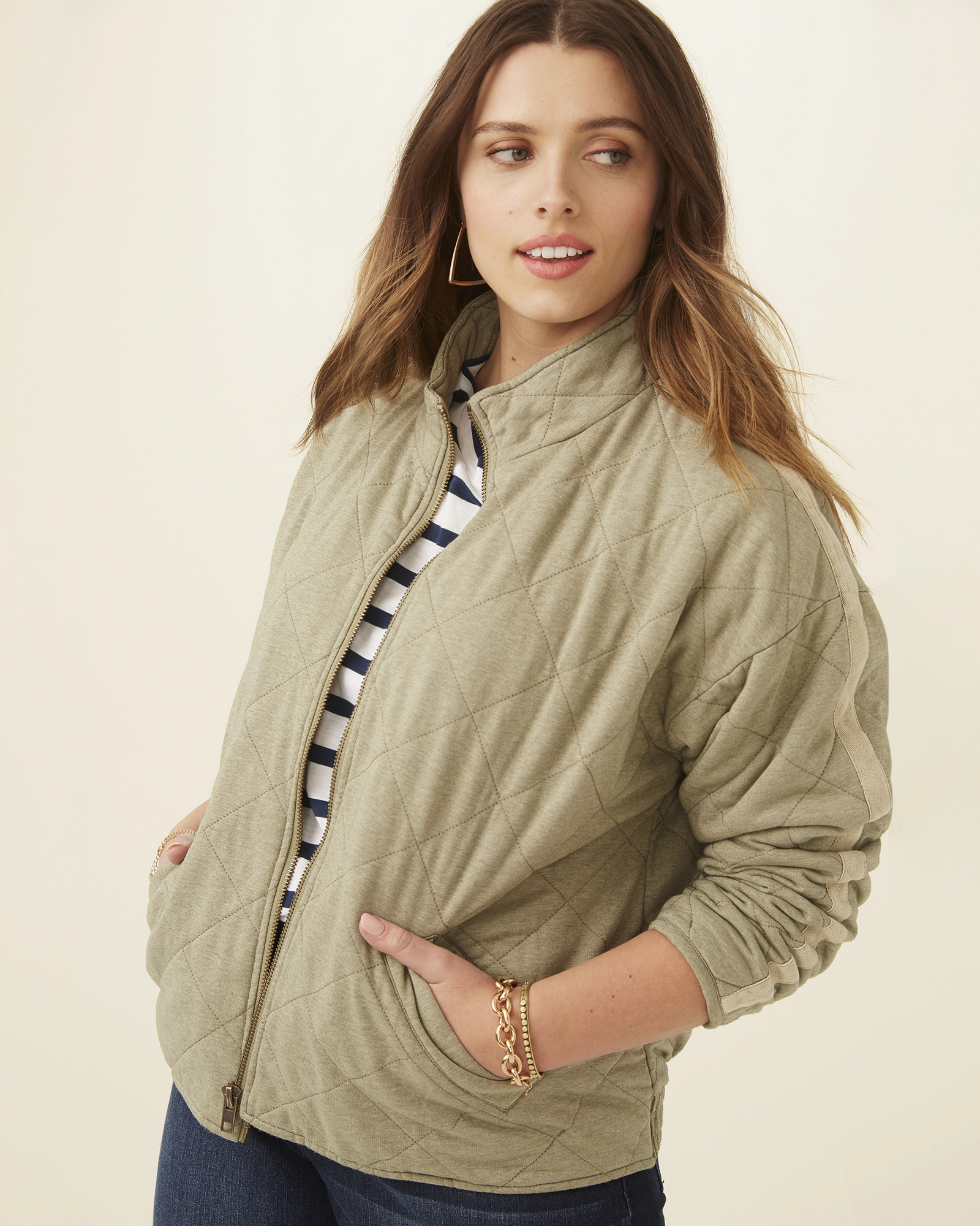 Linen suitable for talent shows Gena Quilted French Terry Jacket | Forest Green