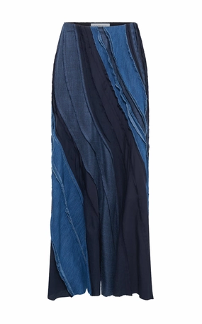Floral Pattern Elora Patchwork Midi Skirt in Medium Blue Recycled Cotton Linen Denim