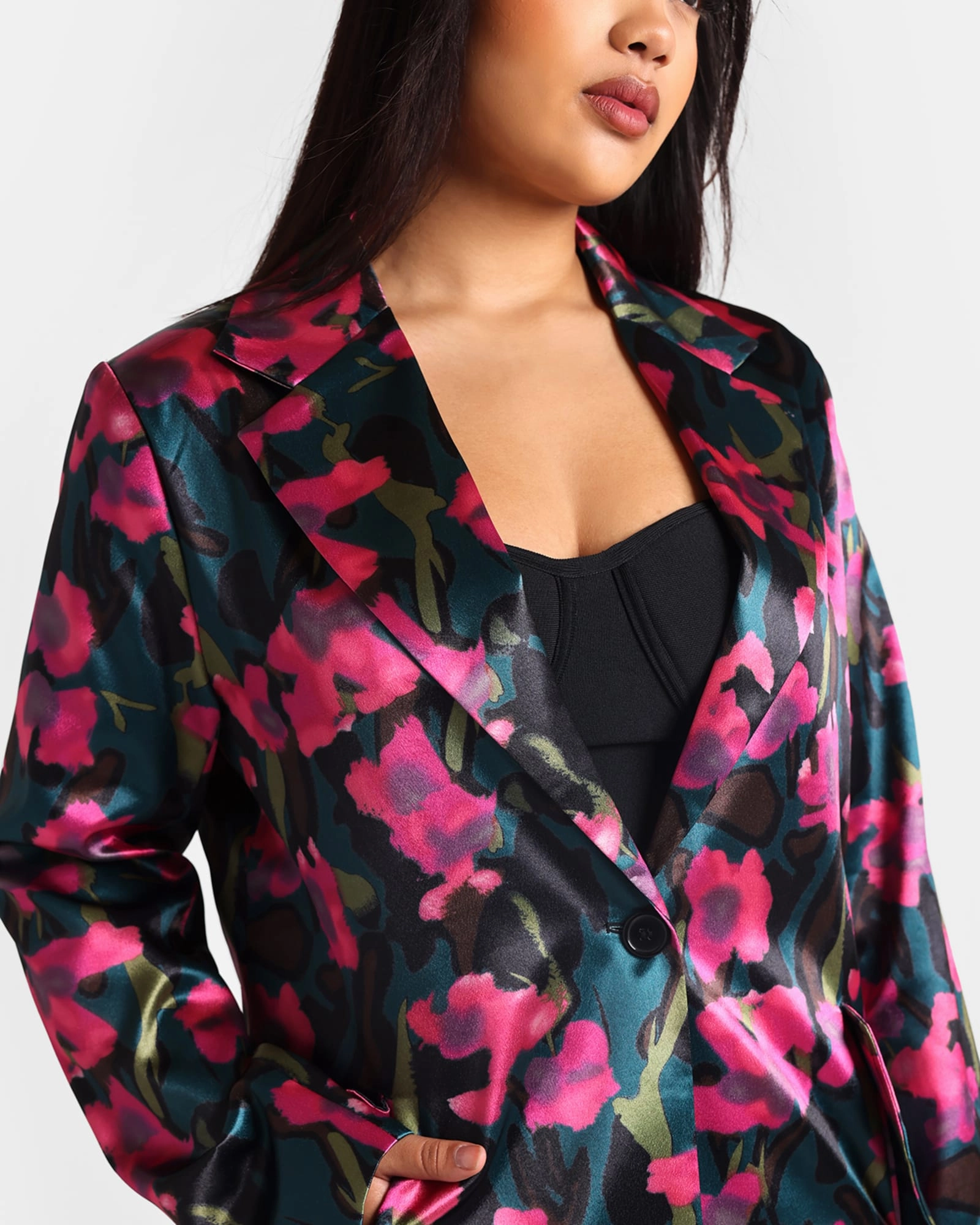 Rebdolls Women's Venus Floral Print Satin Longline Blazer | Black Soft Interior Lining Ultra Thin Insulation