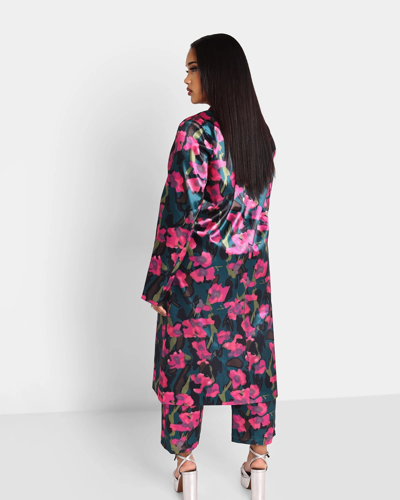 Rebdolls Women's Venus Floral Print Satin Longline Blazer | Black Hooded Option Unwind