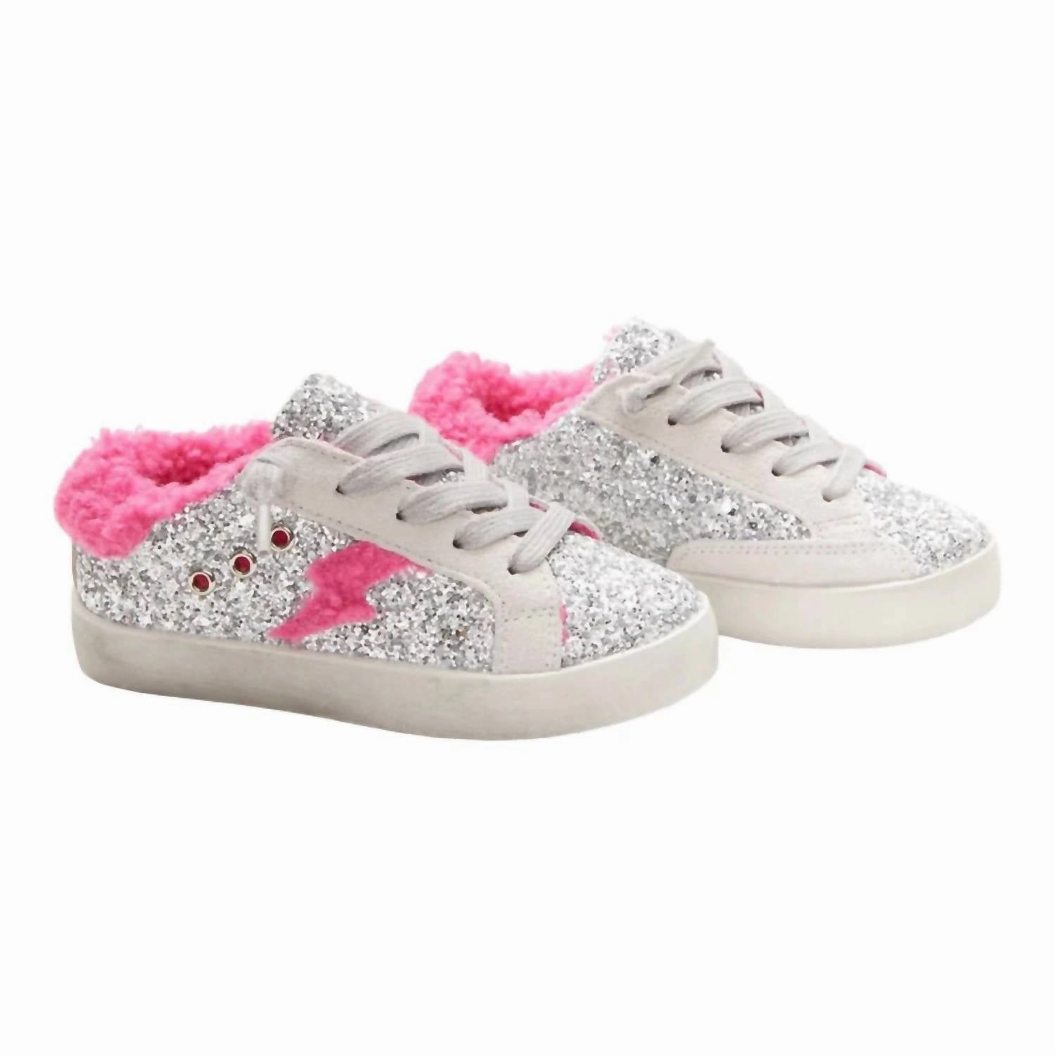 Stitch Down Technique Girl's Ivy Glitter Fuzzy Bolt Sneakers In Silver