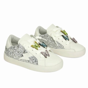 Girl's Mariposa Charm Sneakers In White Silver Ergonomic Last Design