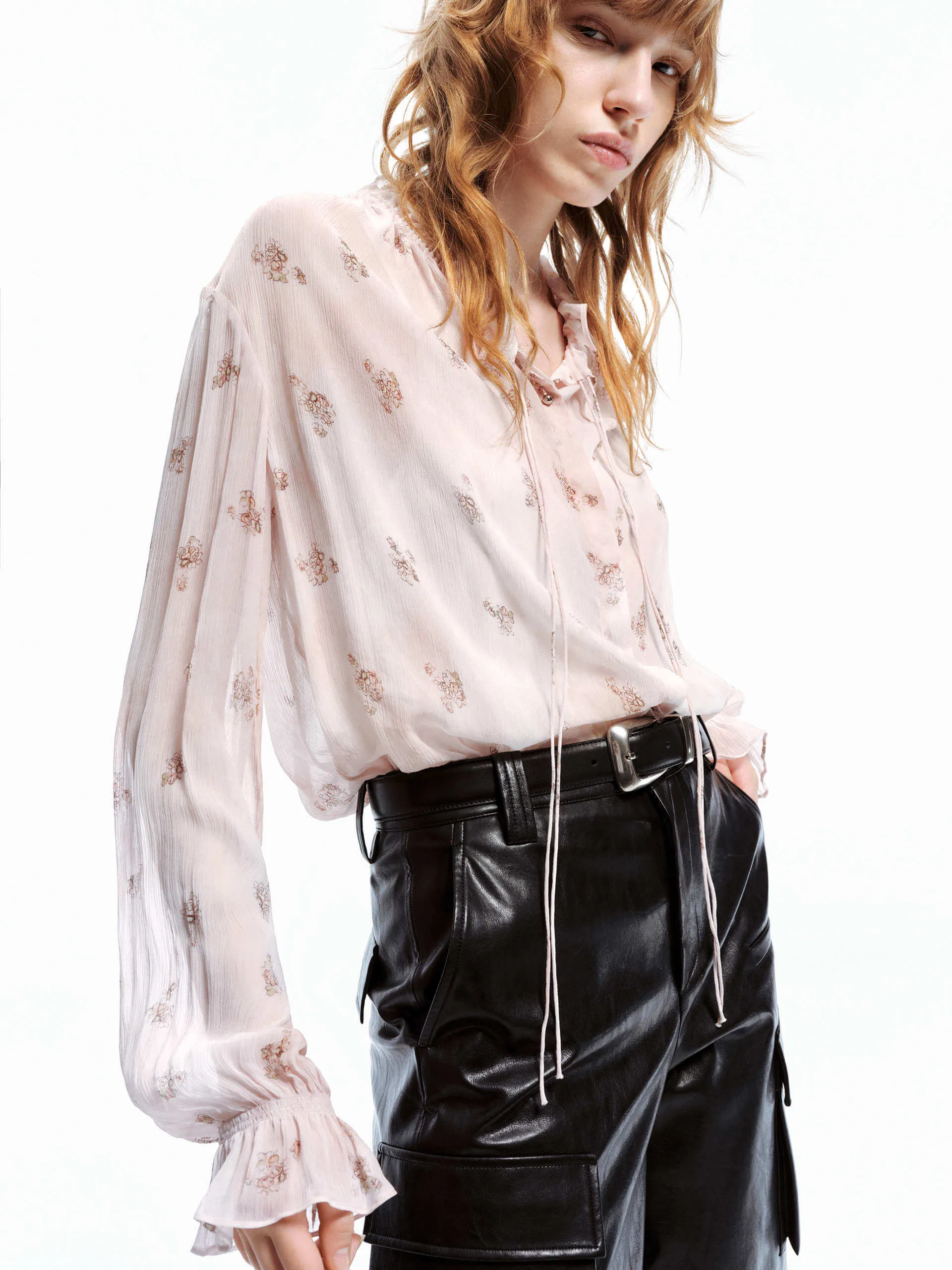 Ruffle Tie Detail Shirt Active Fit Floral Motif