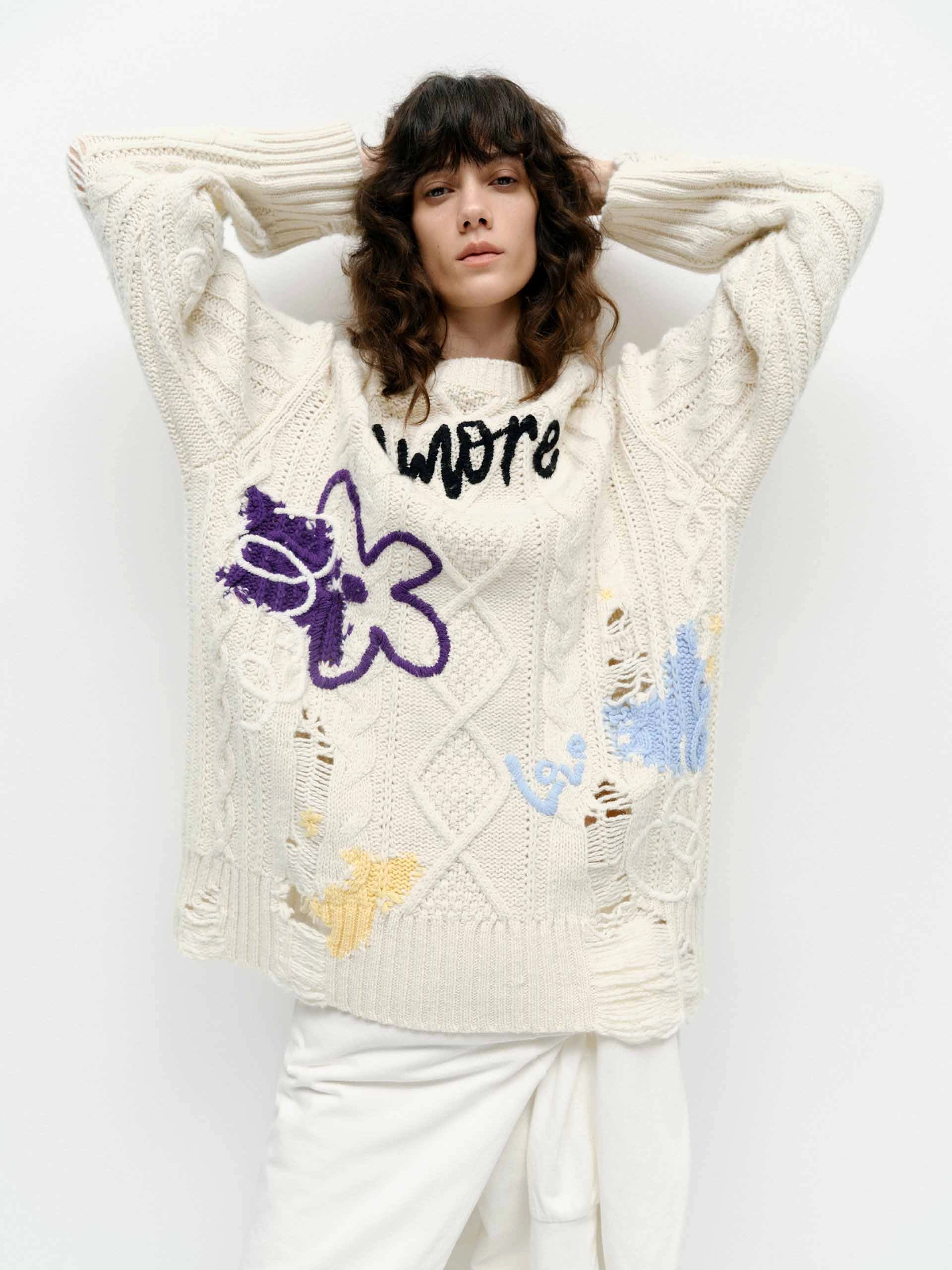 Warm and Snuggly Knitwear Comfort Graffiti Distressed Knit Sweater