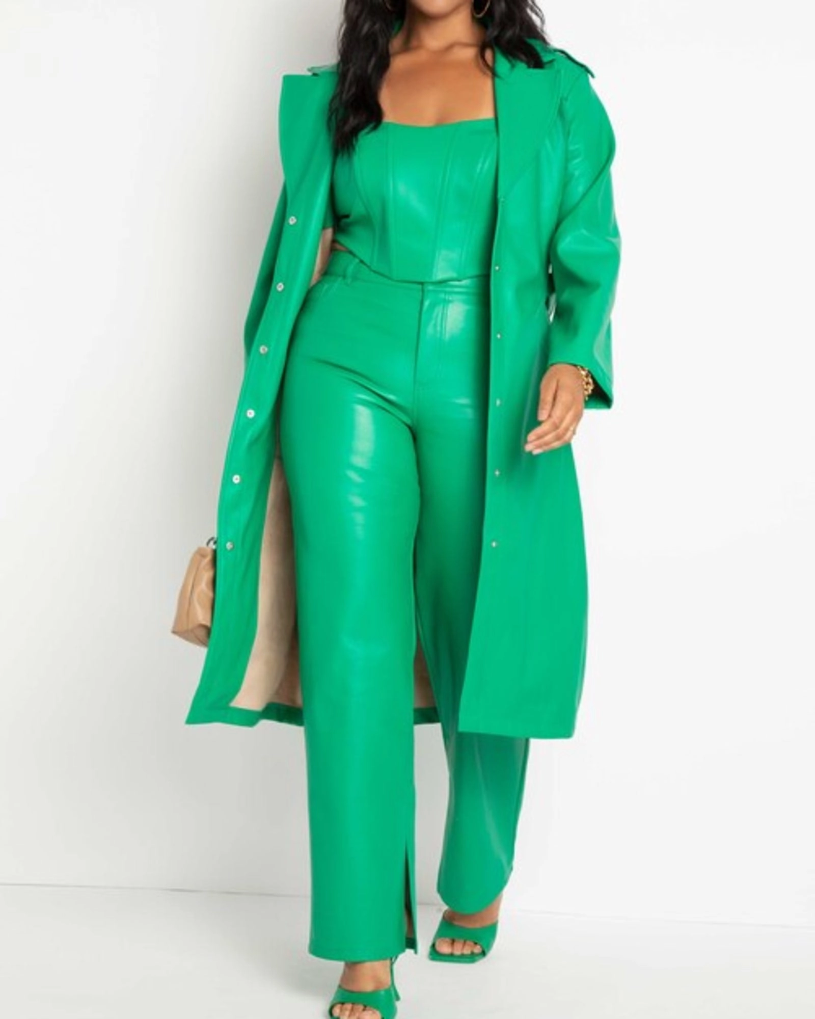 Durable Layer waiters Greta Belted Faux Leather Coat | Jolly Green