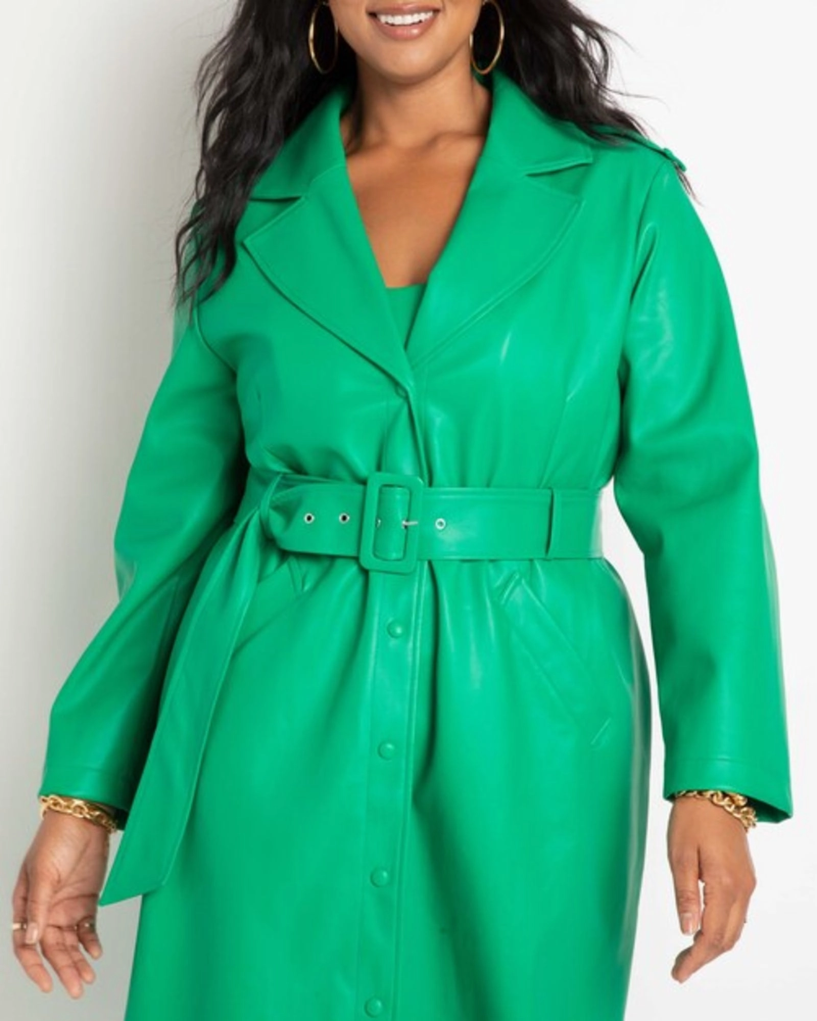 Greta Belted Faux Leather Coat | Jolly Green Interchangeable Liner System Non Restrictive Fit