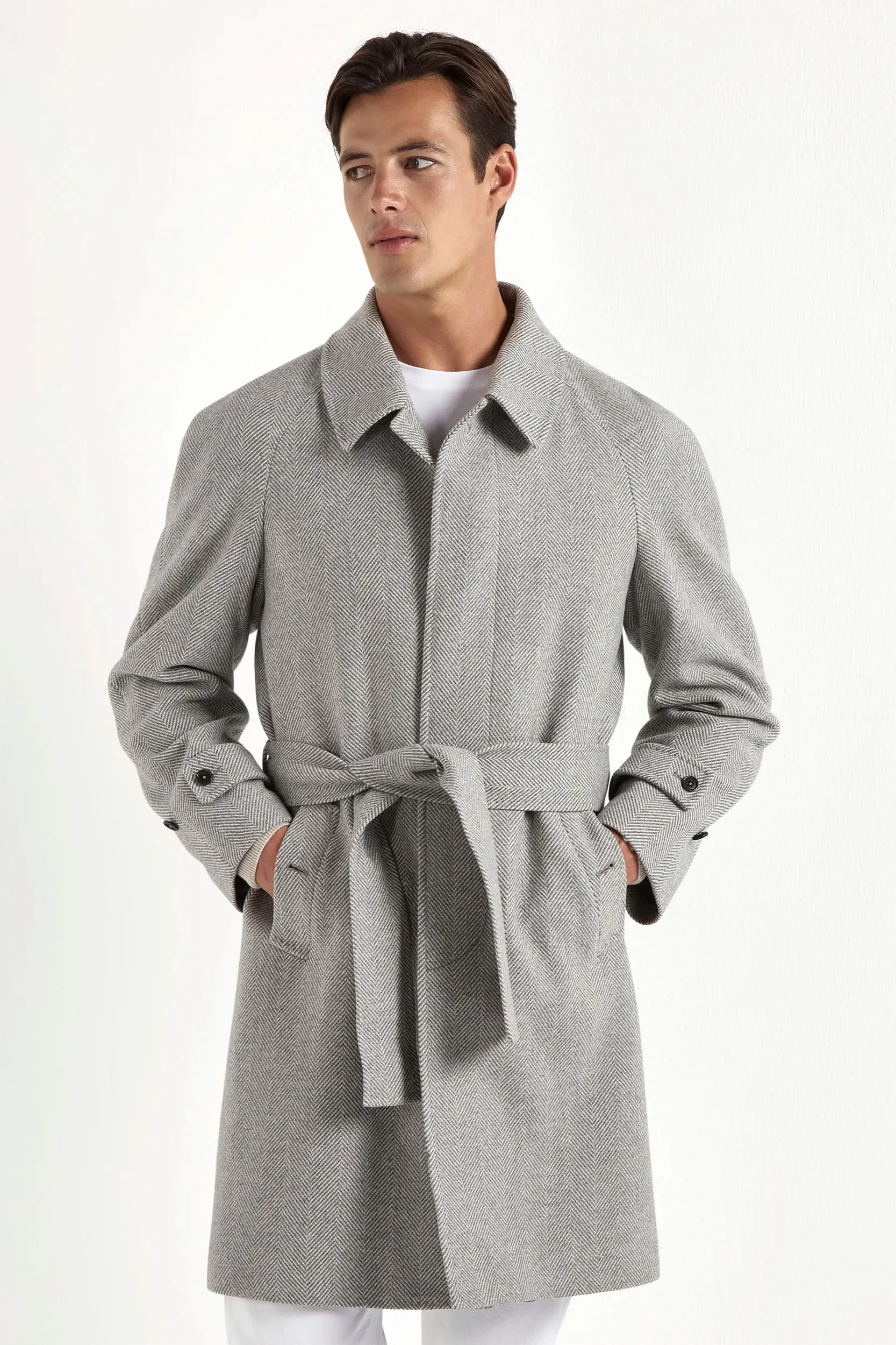 Windproof Insulated Coat No Smell Grey herringbone raglan coat ?C Made in Italy