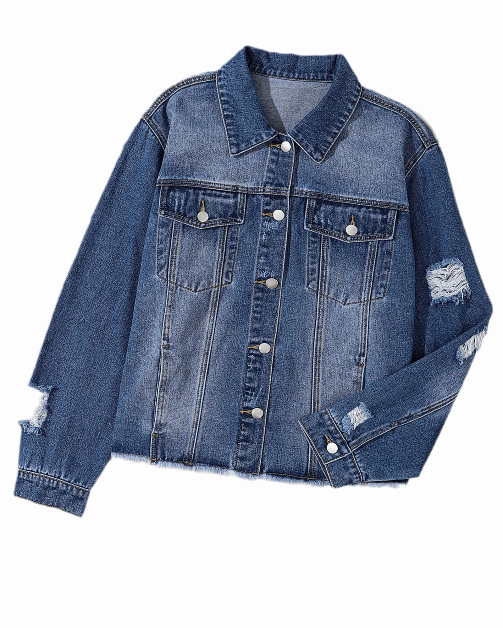 Dark Blue Plus Size Distressed Flap Pocket Denim Jacket | Dark Blue ConvertibleCollar Wind Friendly