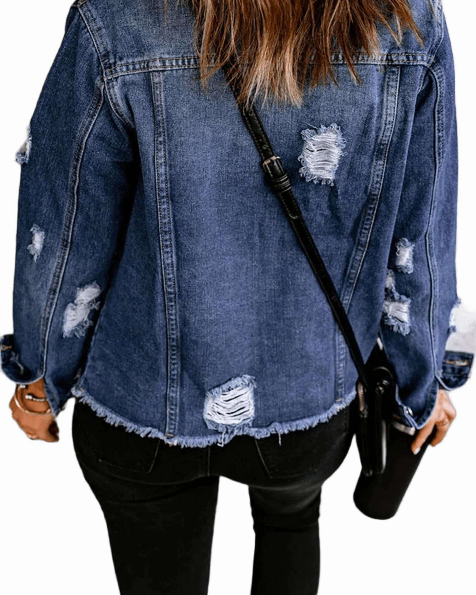 Dark Blue Plus Size Distressed Flap Pocket Denim Jacket | Dark Blue Versatile Function Bold Lines