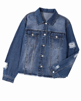 Dark Blue Plus Size Distressed Flap Pocket Denim Jacket | Dark Blue ConvertibleCollar Wind Friendly