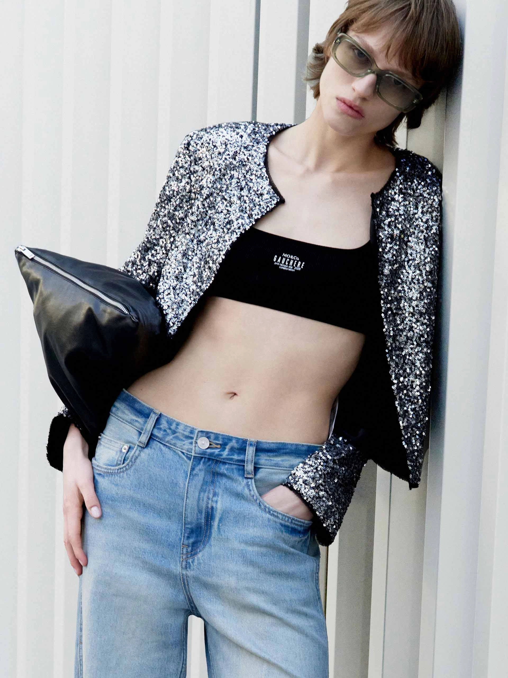 Cropped Sequin Coat Windproof Closure