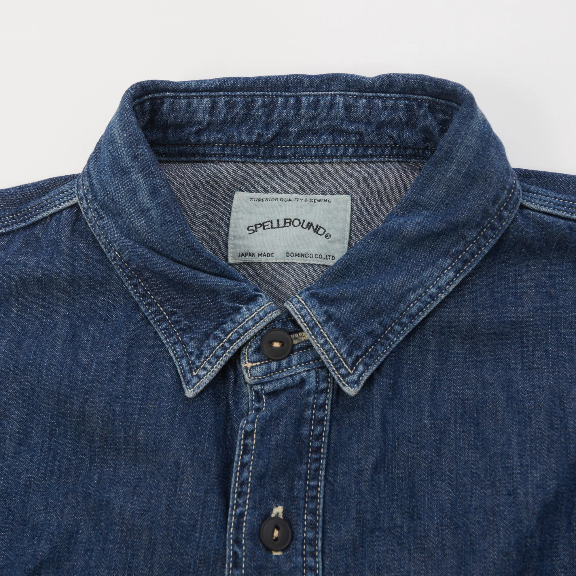 Spellbound Denim Work Shirt - Mid Wash High Neck Cozy Wear