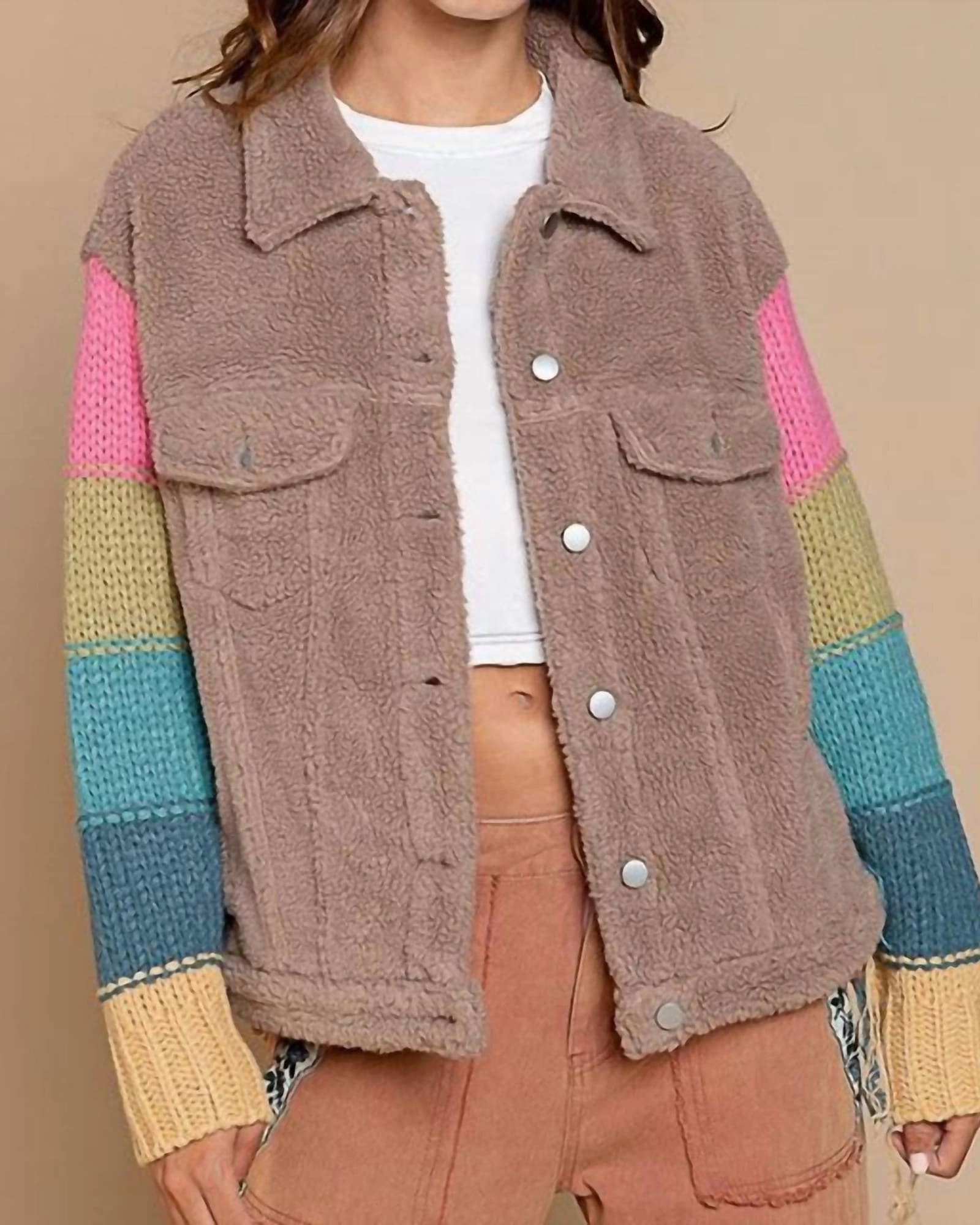 Weatherproof Coating Daily Use Teddy Trucker Jacket in Colorblock | Colorblock