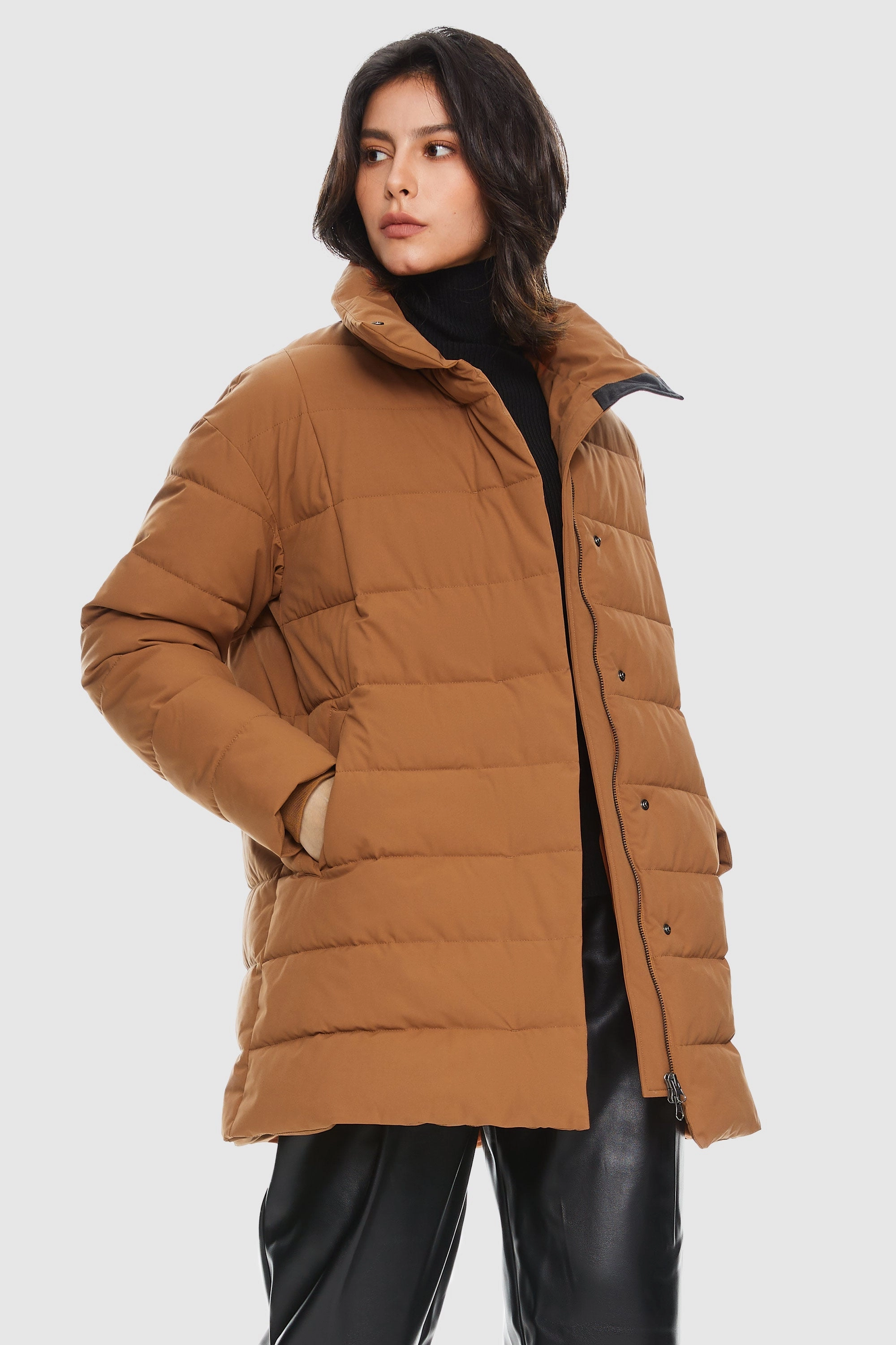 Convertible 2 In 1 Function Heat Resistant Fabric Quilted Mid-Length Coat