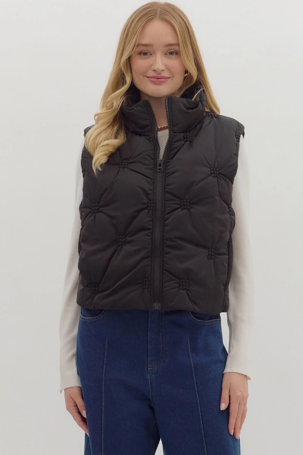 High Neck Sleeveless Zip-Front Quilted Puffer Vest Non Irritating Lining Cold Morning